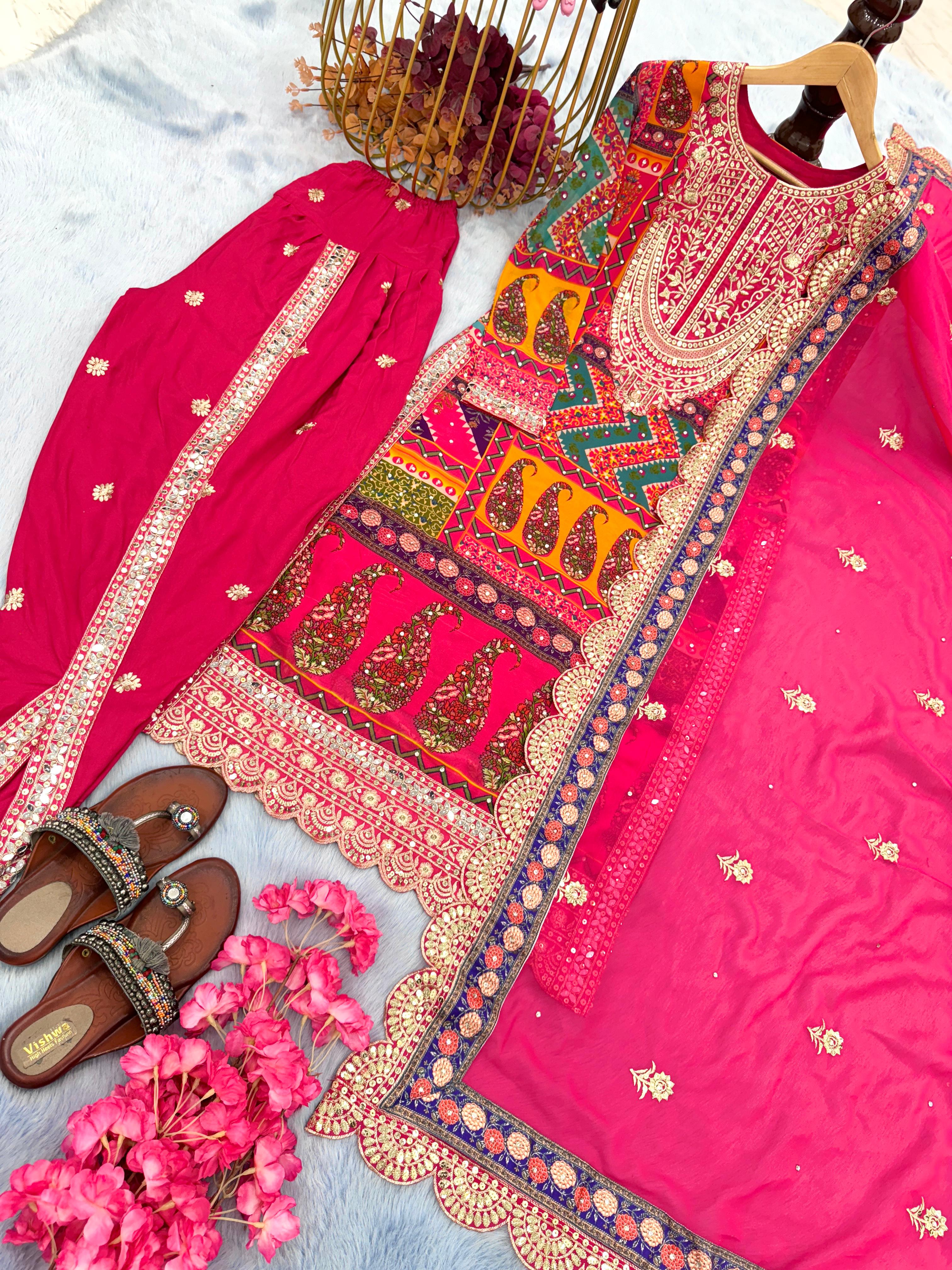 Wonderful Multi Design Fancy Work Pink Color Dhoti Suit