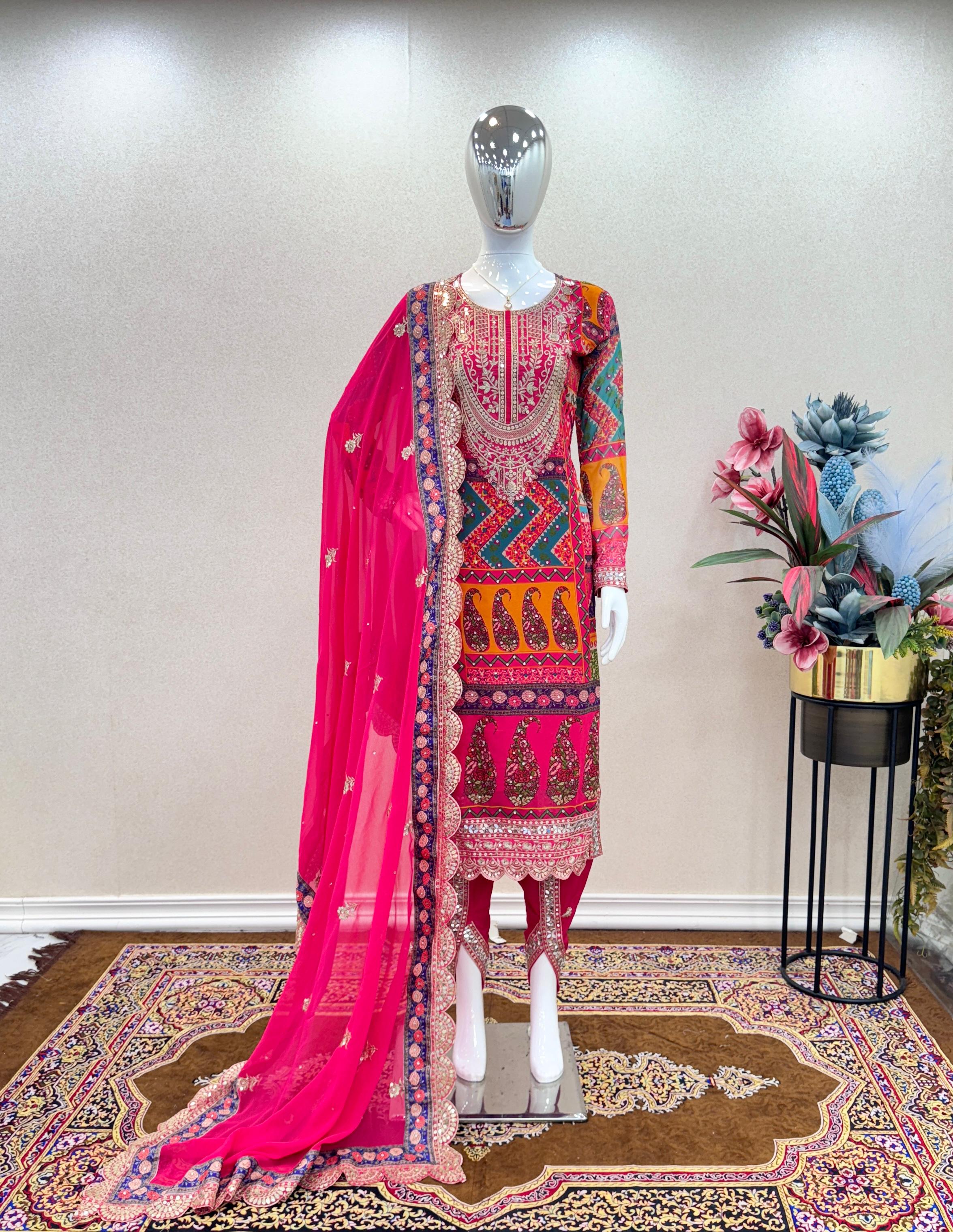 Wonderful Multi Design Fancy Work Pink Color Dhoti Suit