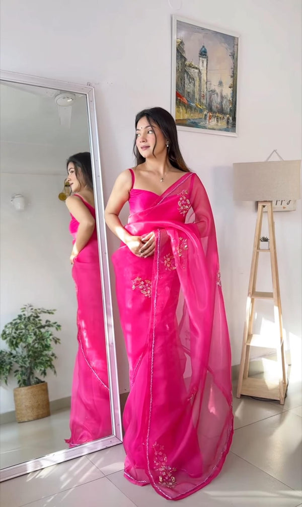 Amazing Pink Color Khatli Work Organza Silk Saree