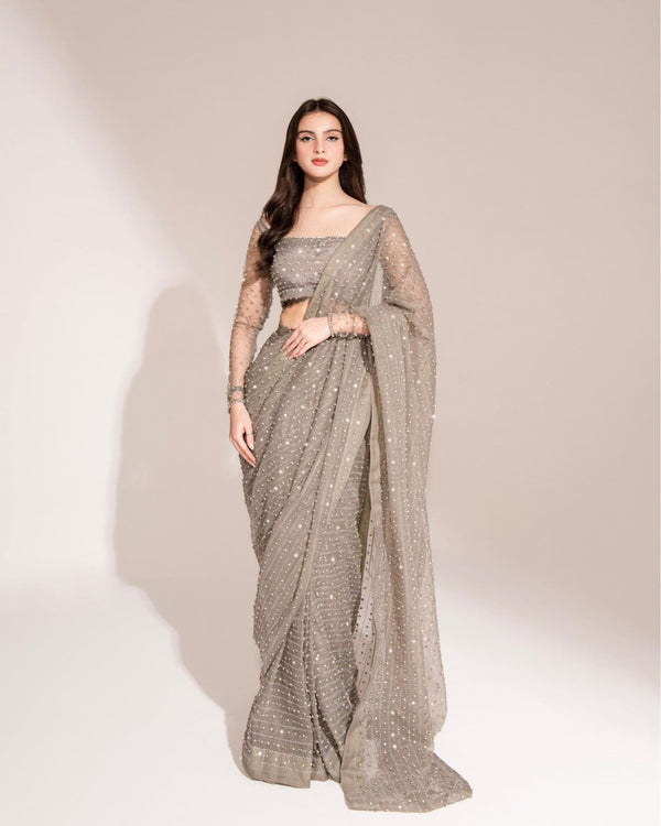 Embellished Gray Color Dimond Work Saree