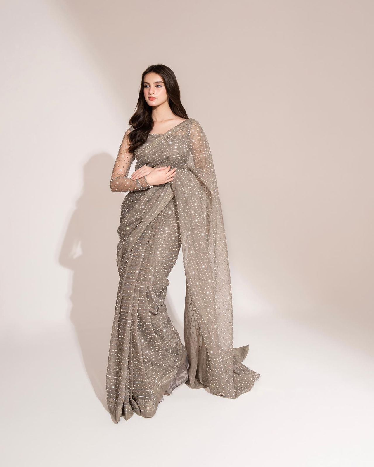 Embellished Gray Color Dimond Work Saree