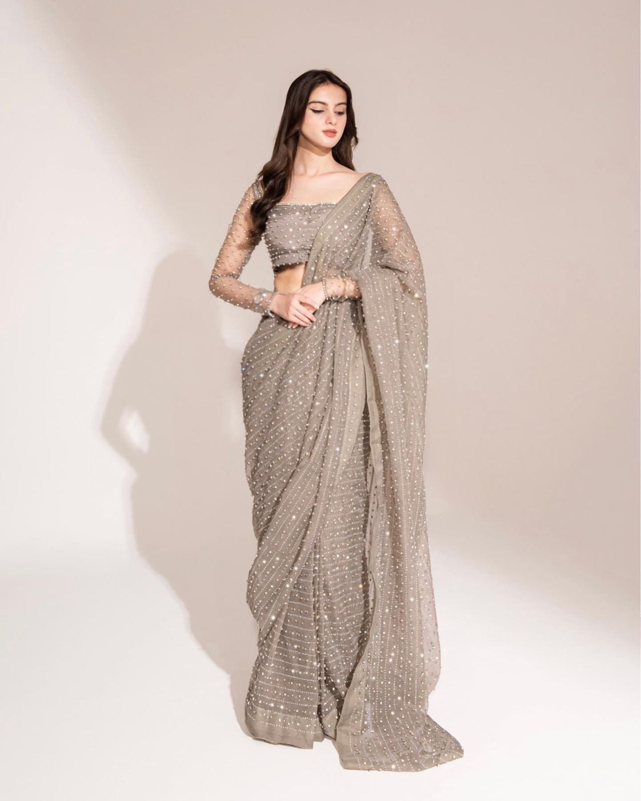 Embellished Gray Color Dimond Work Saree