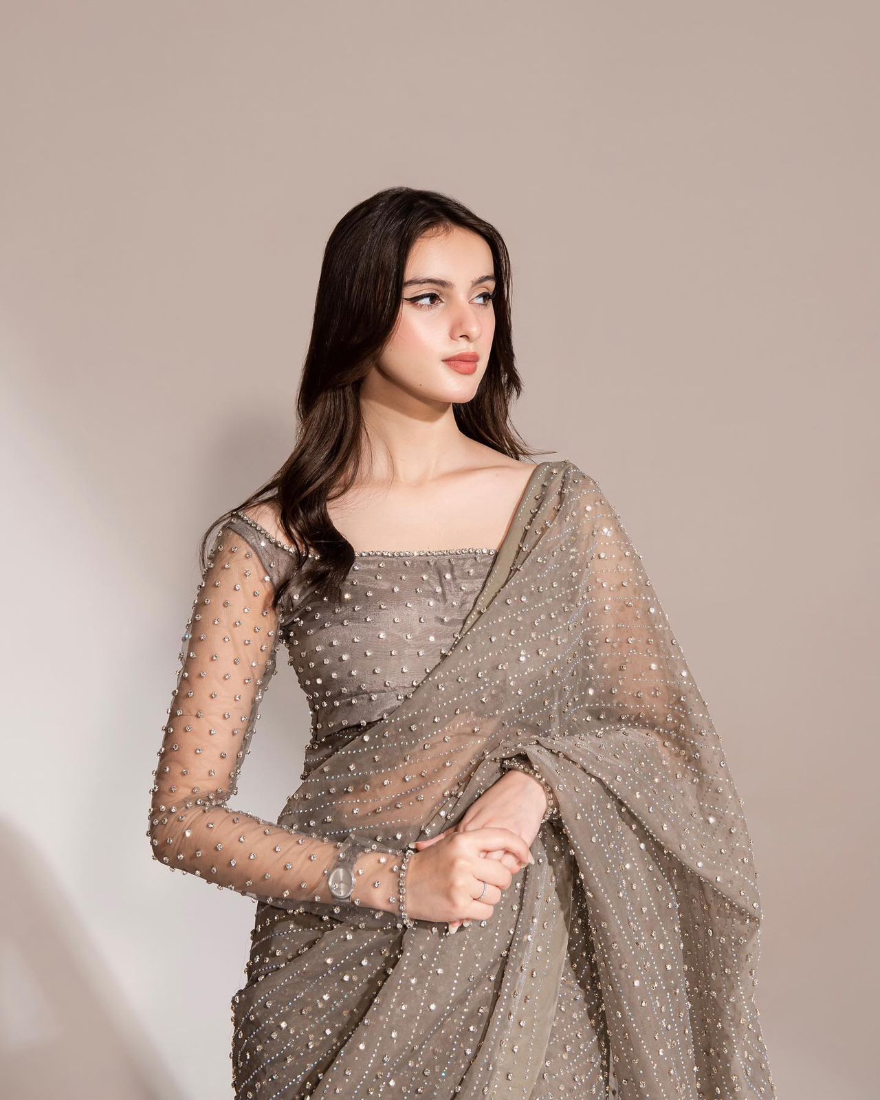 Embellished Gray Color Dimond Work Saree