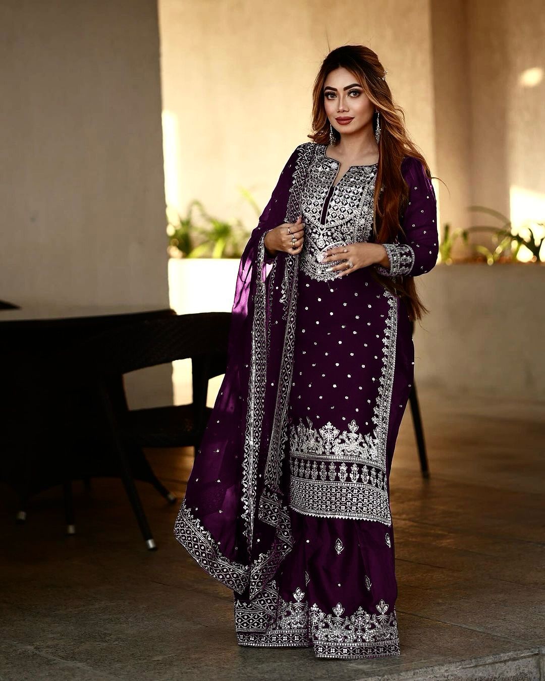 Stylish Purple Color Sharara Suit With Shining Work