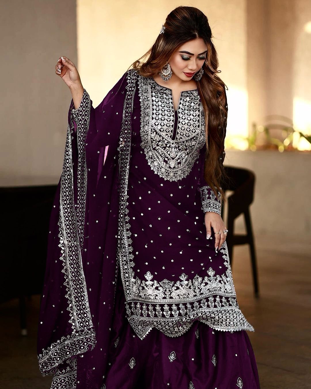 Stylish Purple Color Sharara Suit With Shining Work