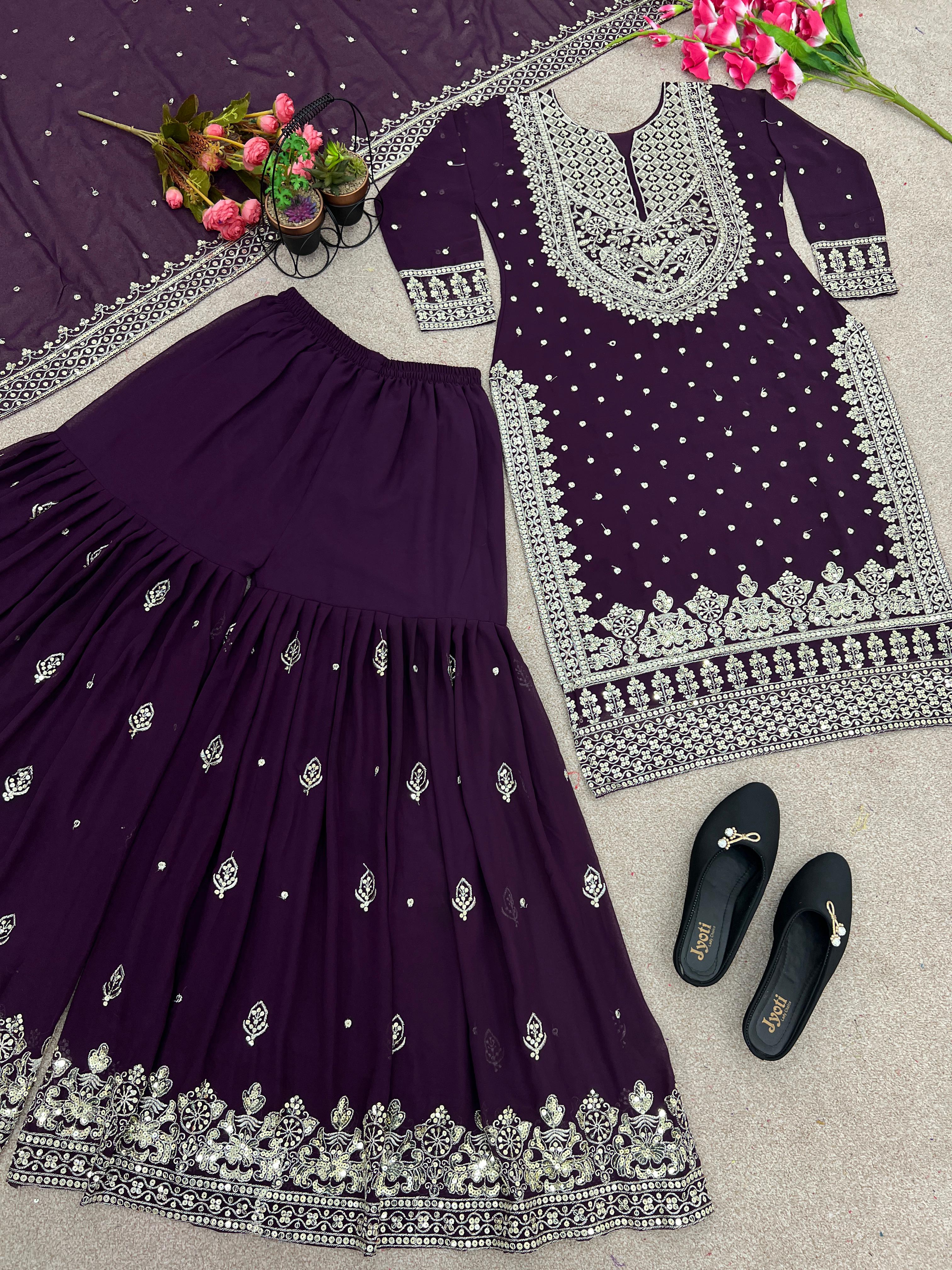 Stylish Purple Color Sharara Suit With Shining Work