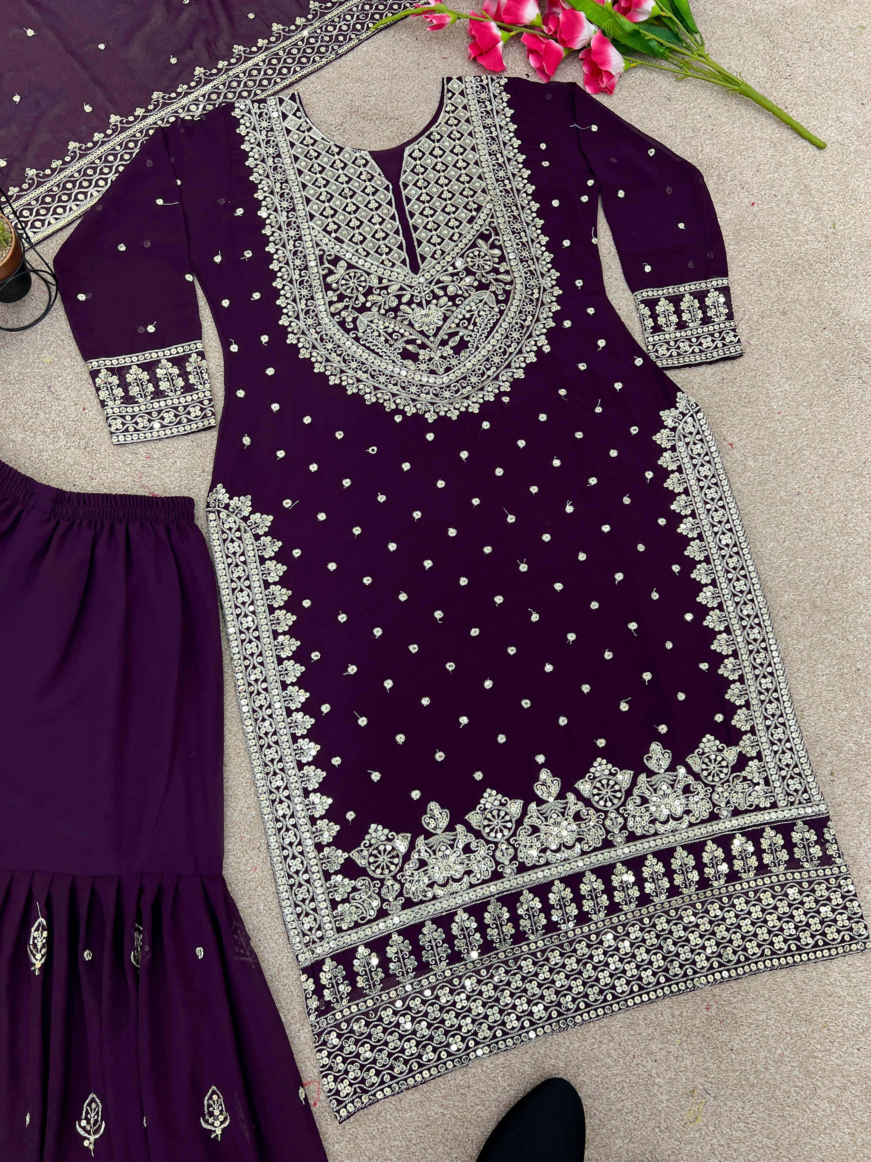 Stylish Purple Color Sharara Suit With Shining Work