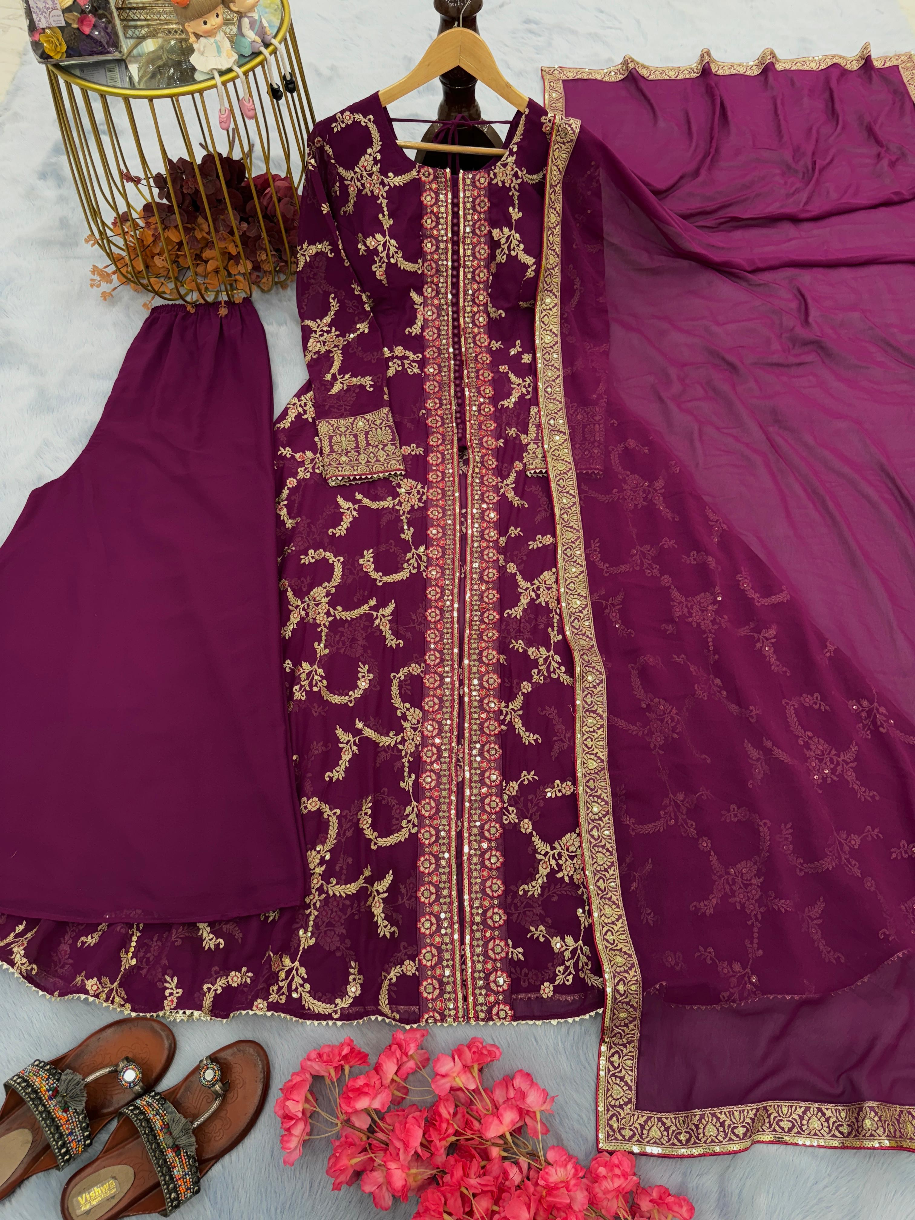 Opulent Wine Color Sequence Work Long Gown With Palazzo