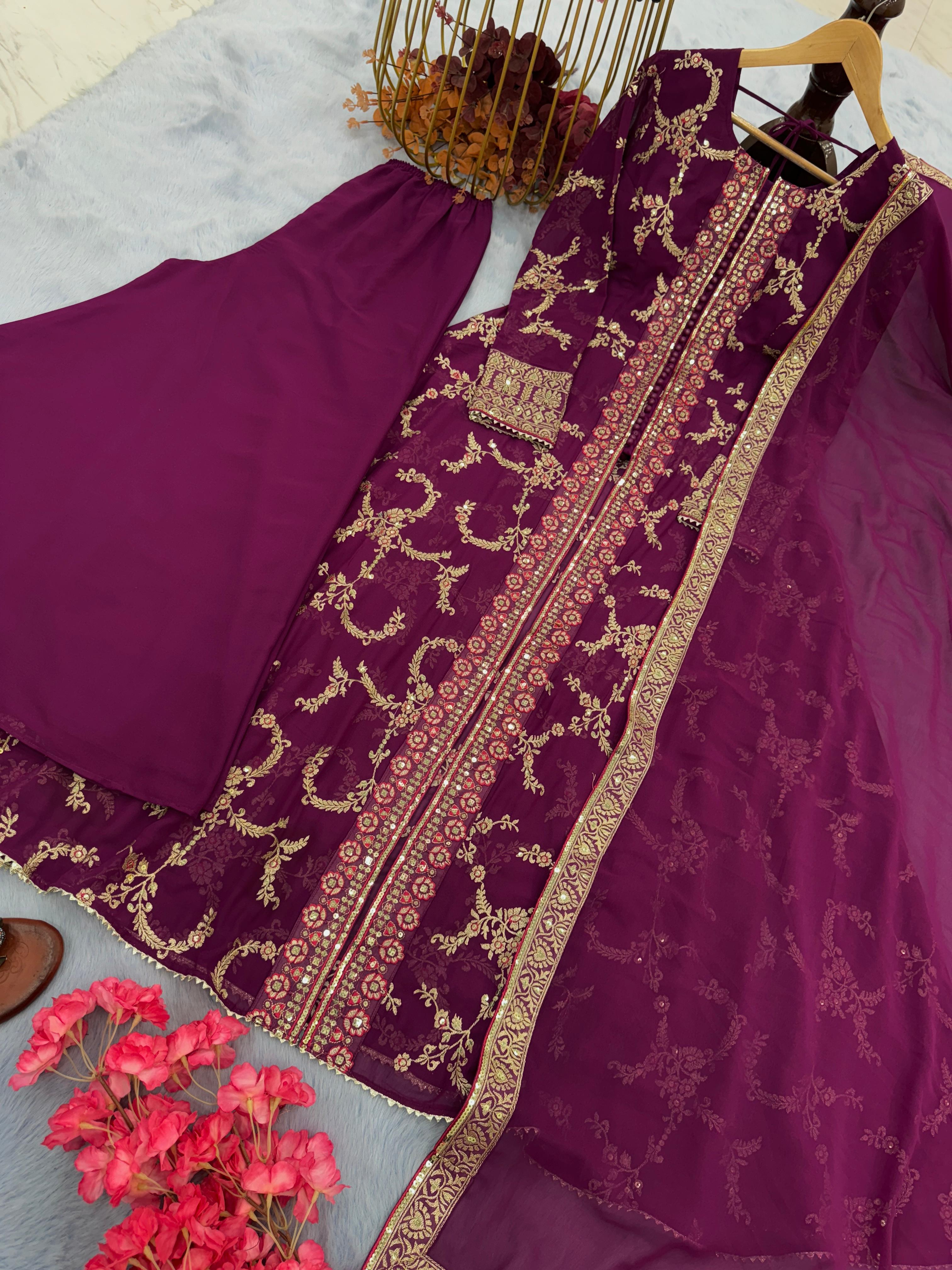 Opulent Wine Color Sequence Work Long Gown With Palazzo