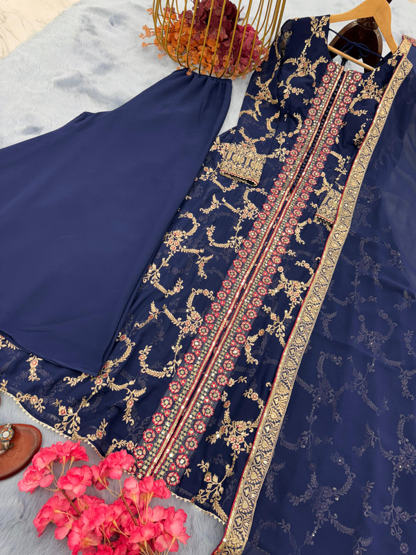 Opulent Navy Blue Color Sequence Work Long Gown With Palazzo