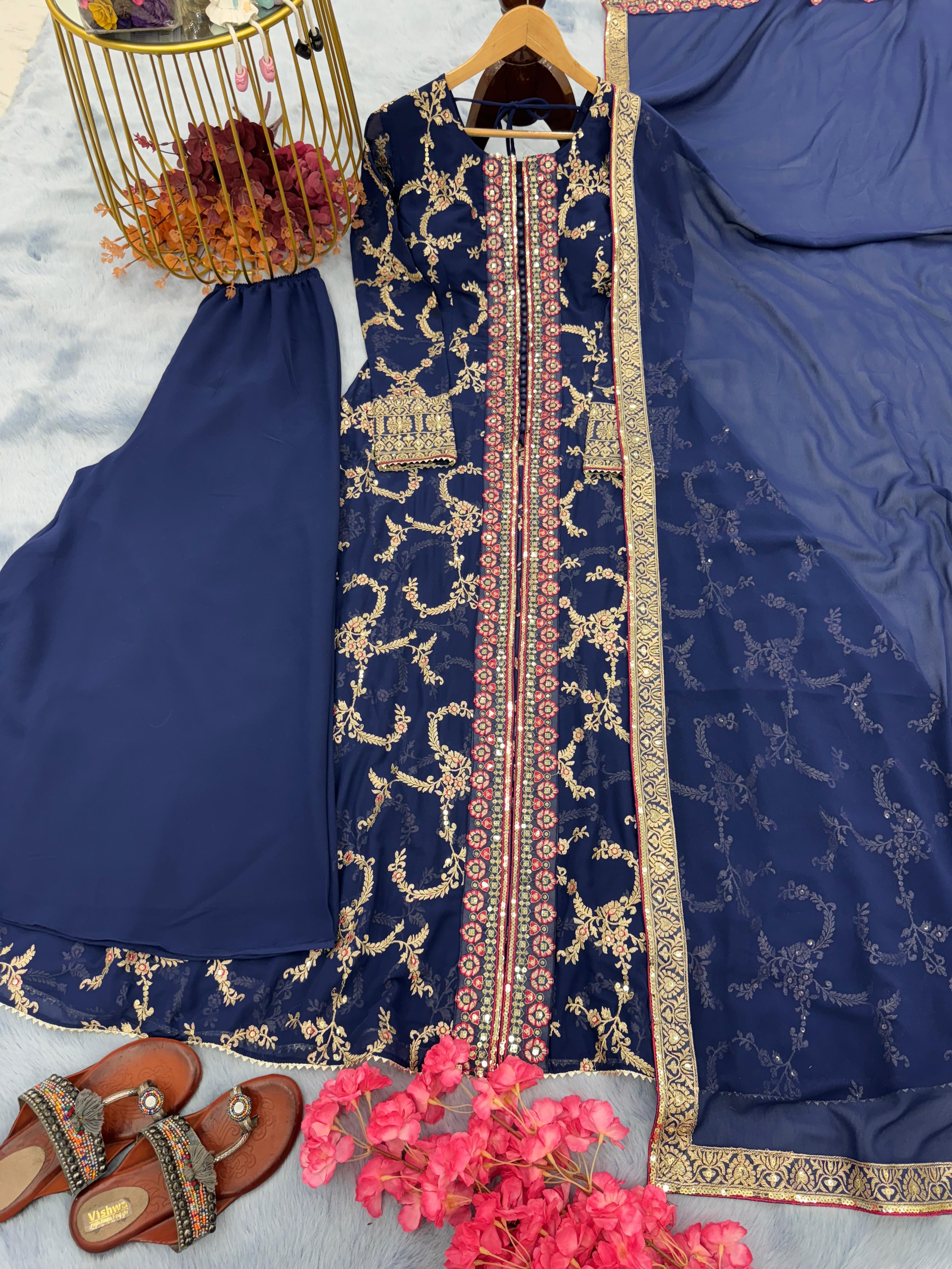 Opulent Navy Blue Color Sequence Work Long Gown With Palazzo