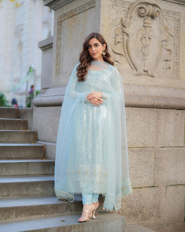 Glimmering Sequence Work Sky Blue Color Salwar Suit
