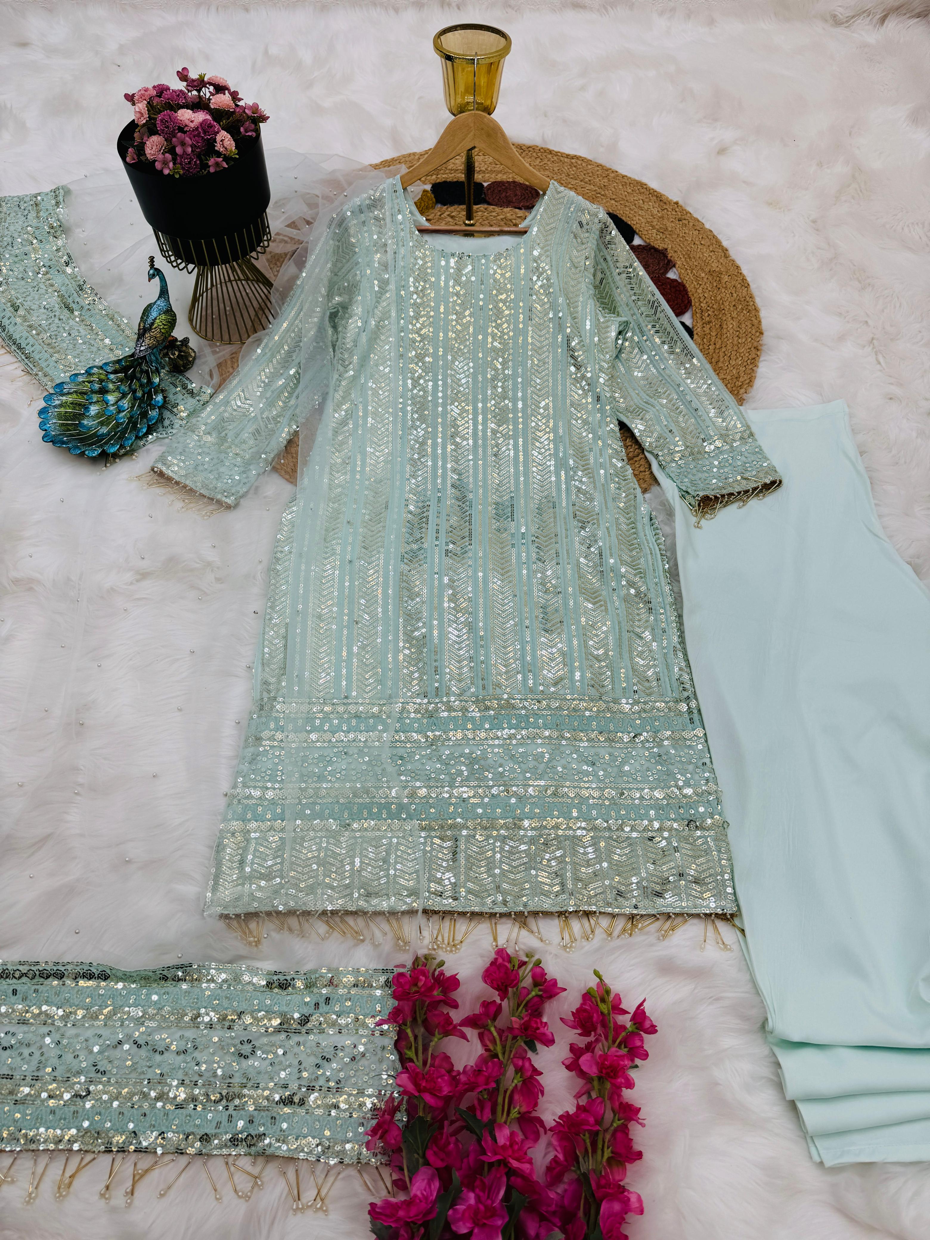 Glimmering Sequence Work Sky Blue Color Salwar Suit