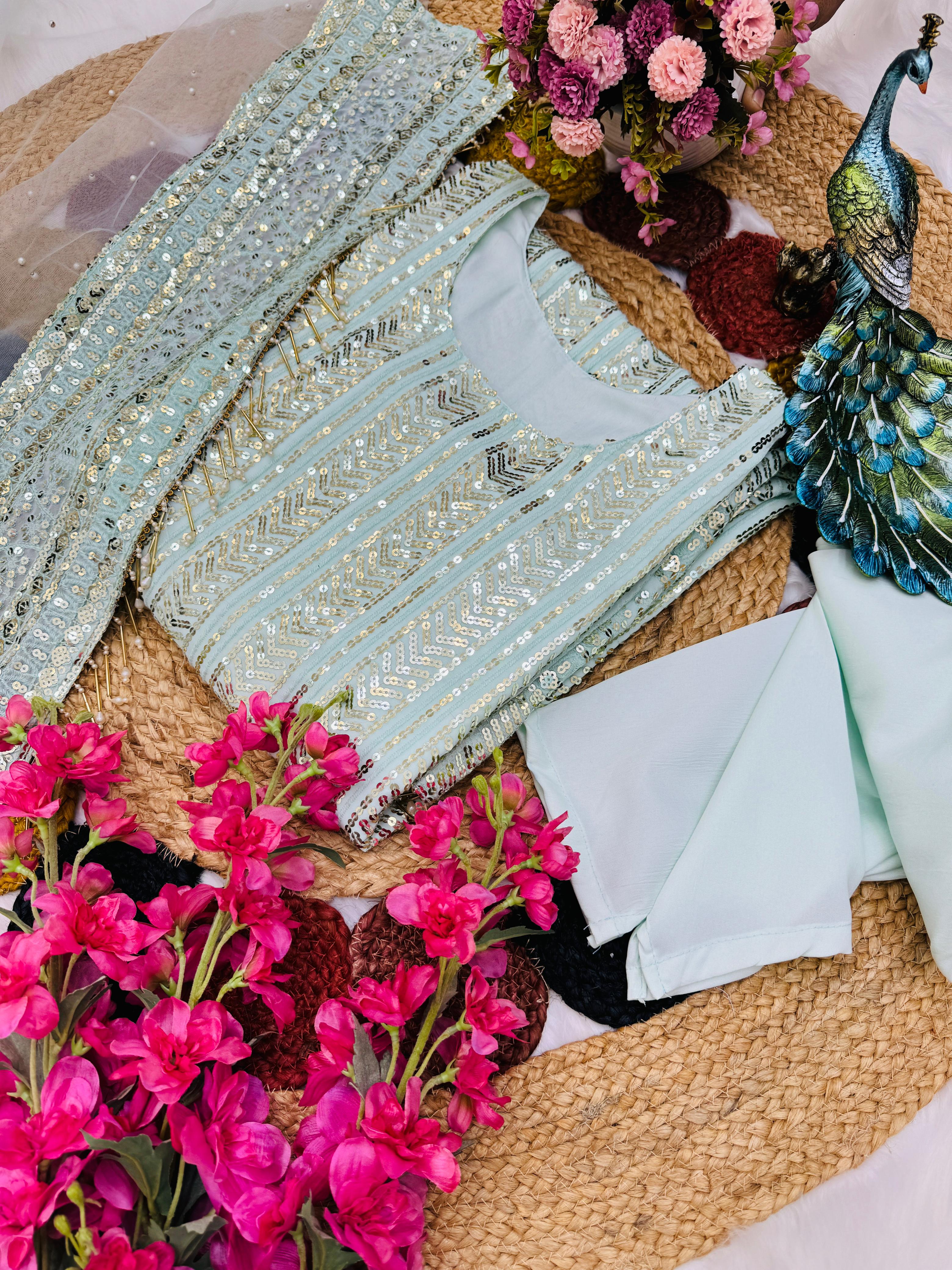 Glimmering Sequence Work Sky Blue Color Salwar Suit