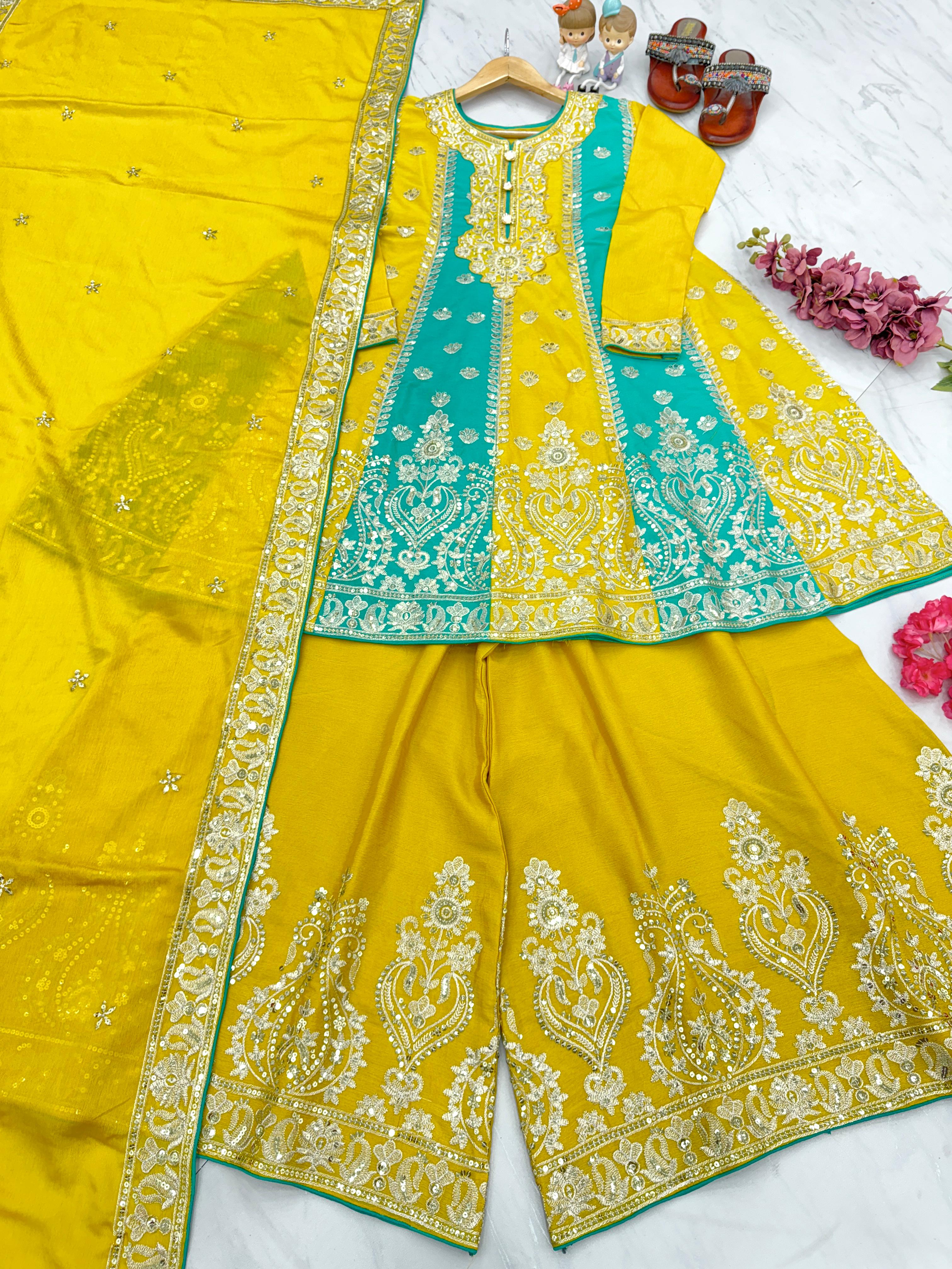 Yellow and Sky Color Embroidery Work Sharara Suit