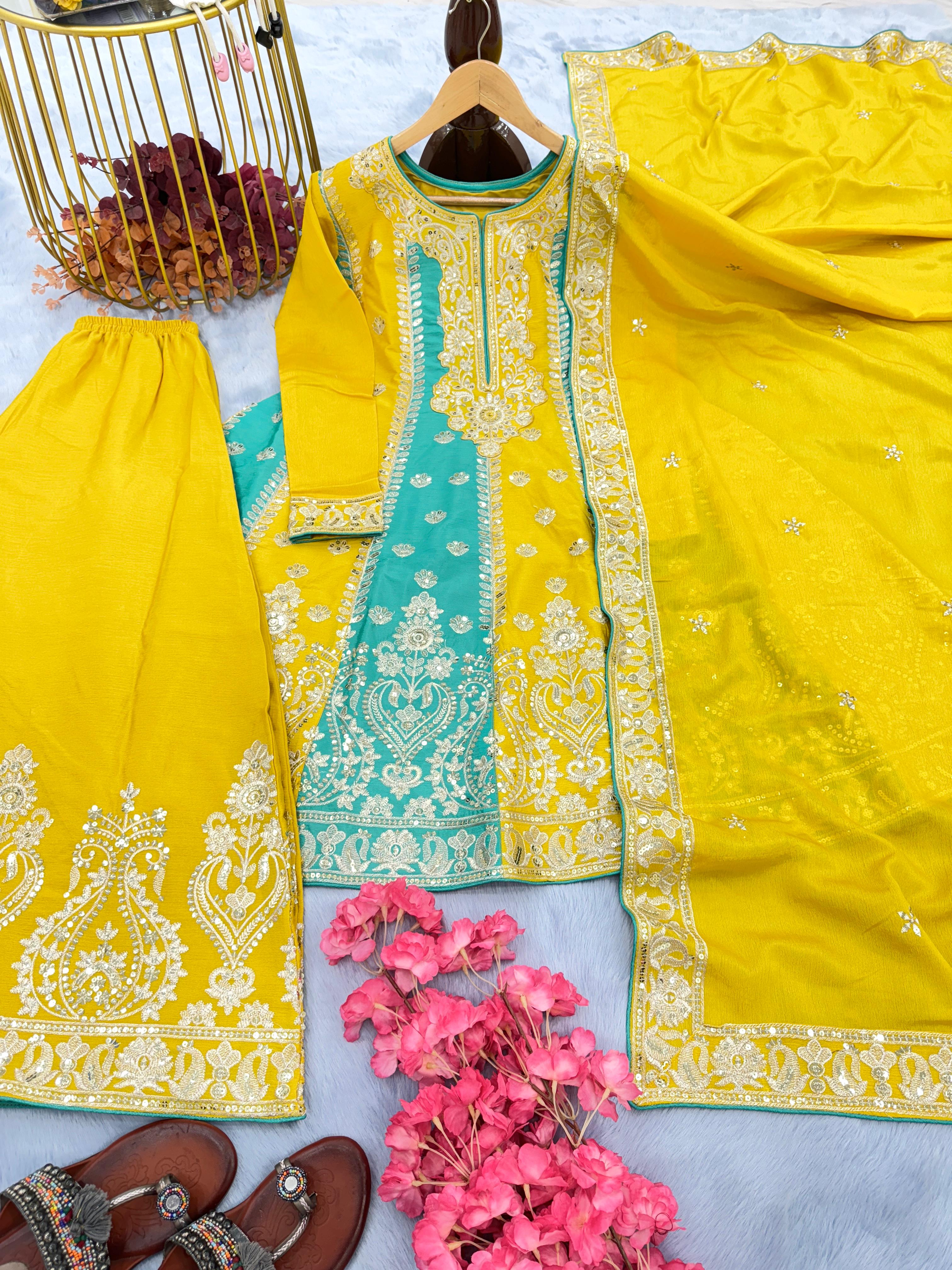 Yellow and Sky Color Embroidery Work Sharara Suit