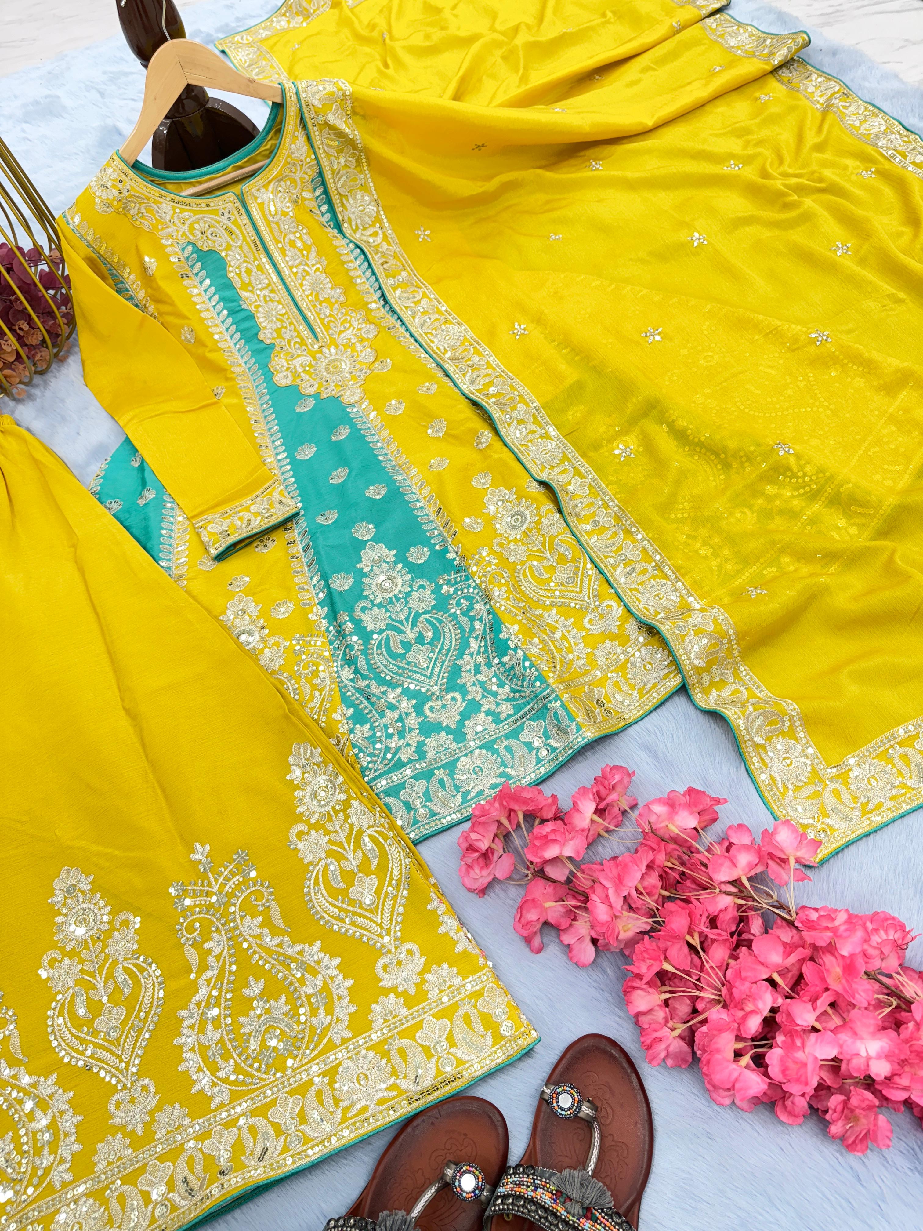 Yellow and Sky Color Embroidery Work Sharara Suit