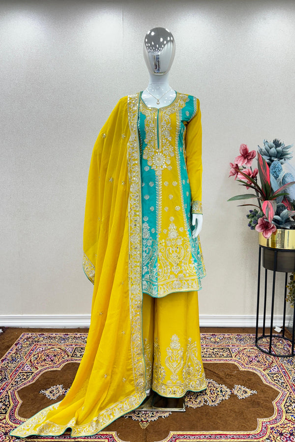 Yellow and Sky Color Embroidery Work Sharara Suit