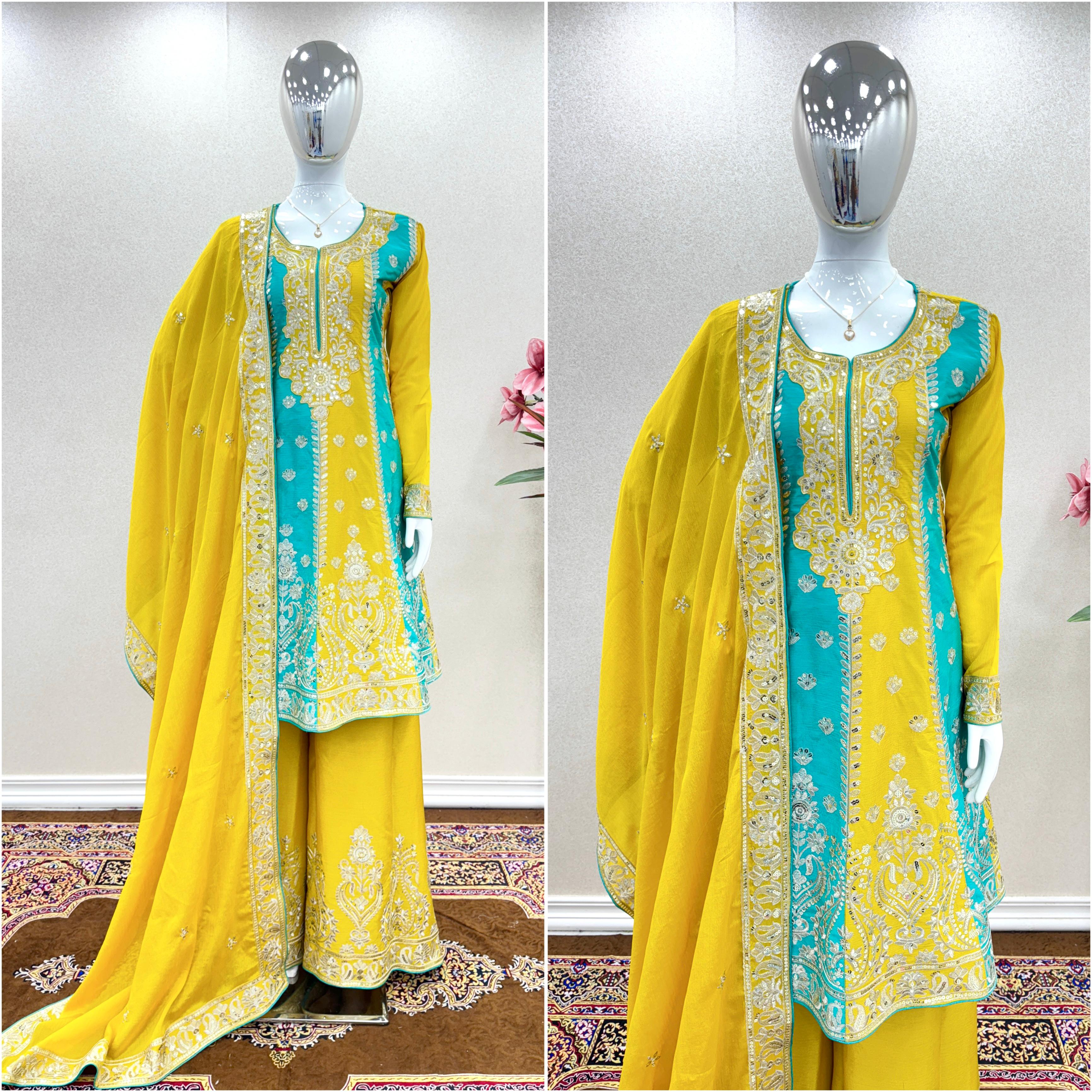 Yellow and Sky Color Embroidery Work Sharara Suit