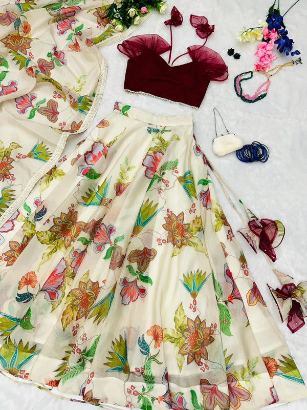 Off White Color Flower Printed Lehenga With Maroon Blouse