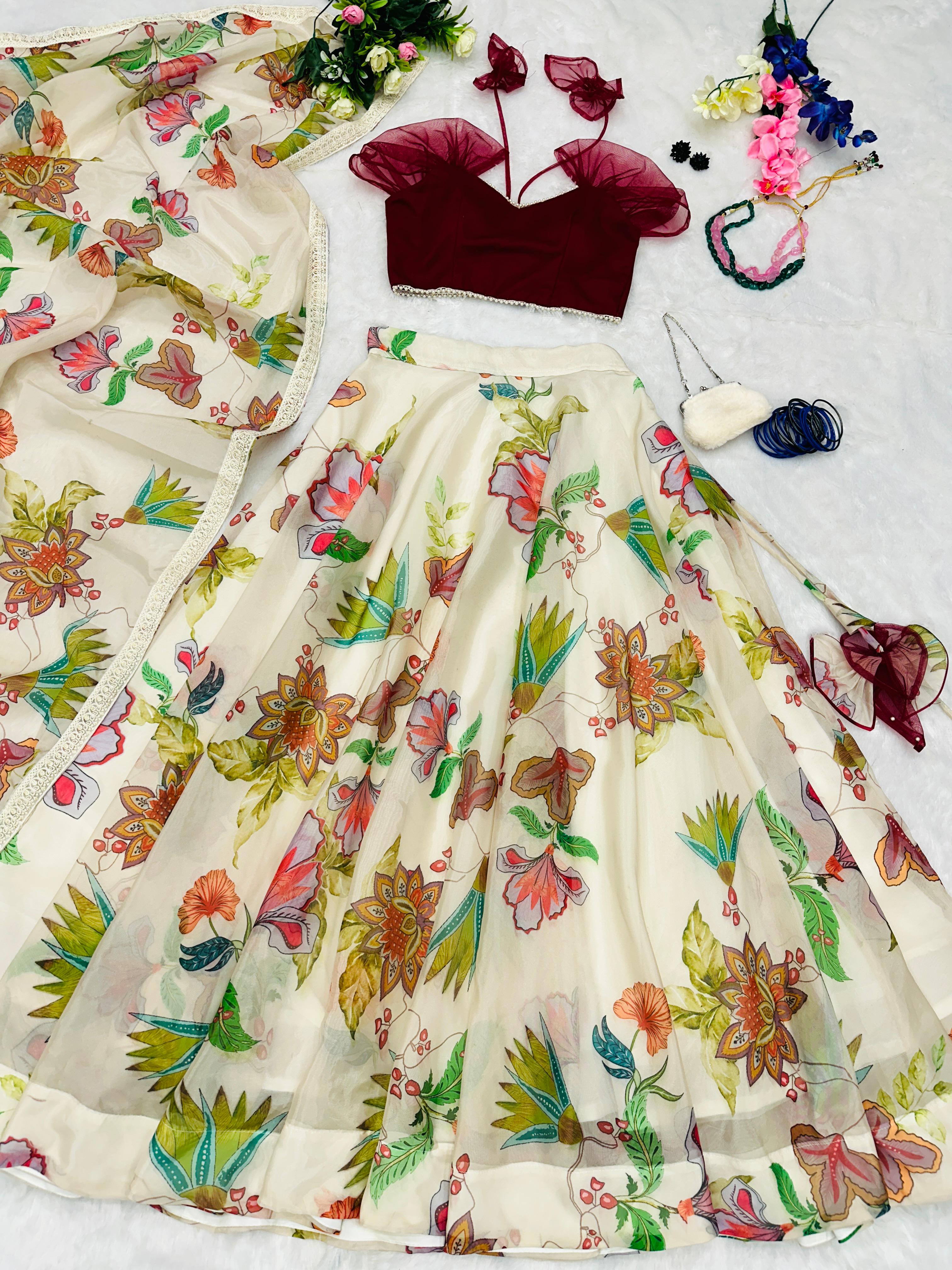 Off White Color Flower Printed Lehenga With Maroon Blouse