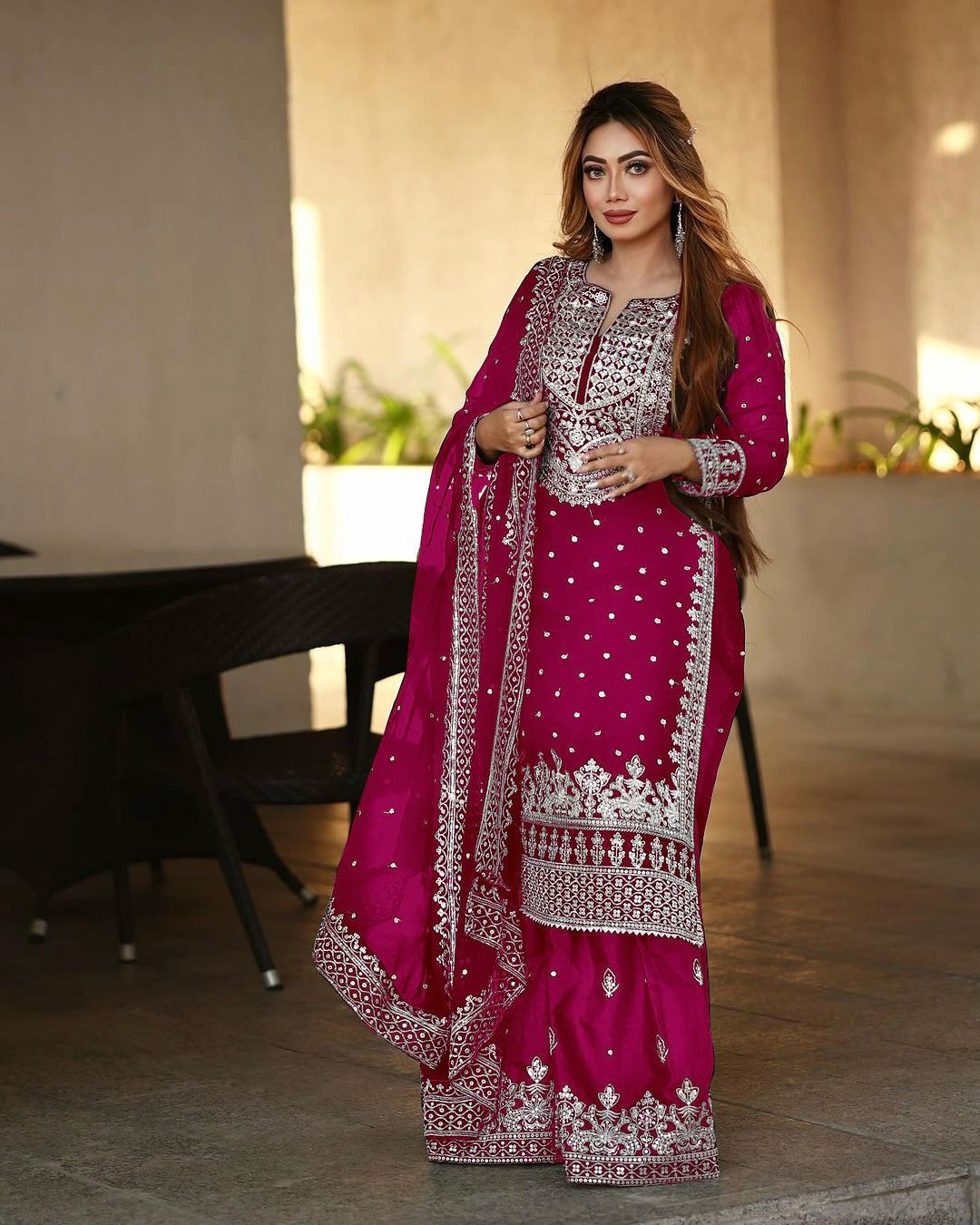 Stylish Pink Color Sharara Suit With Shining Work