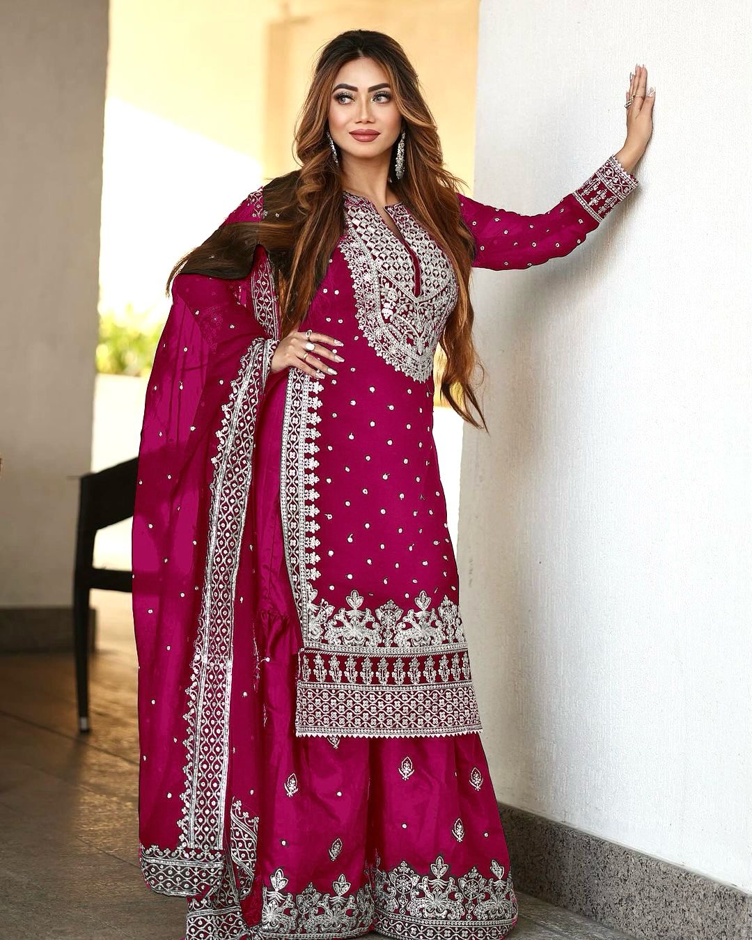 Stylish Pink Color Sharara Suit With Shining Work