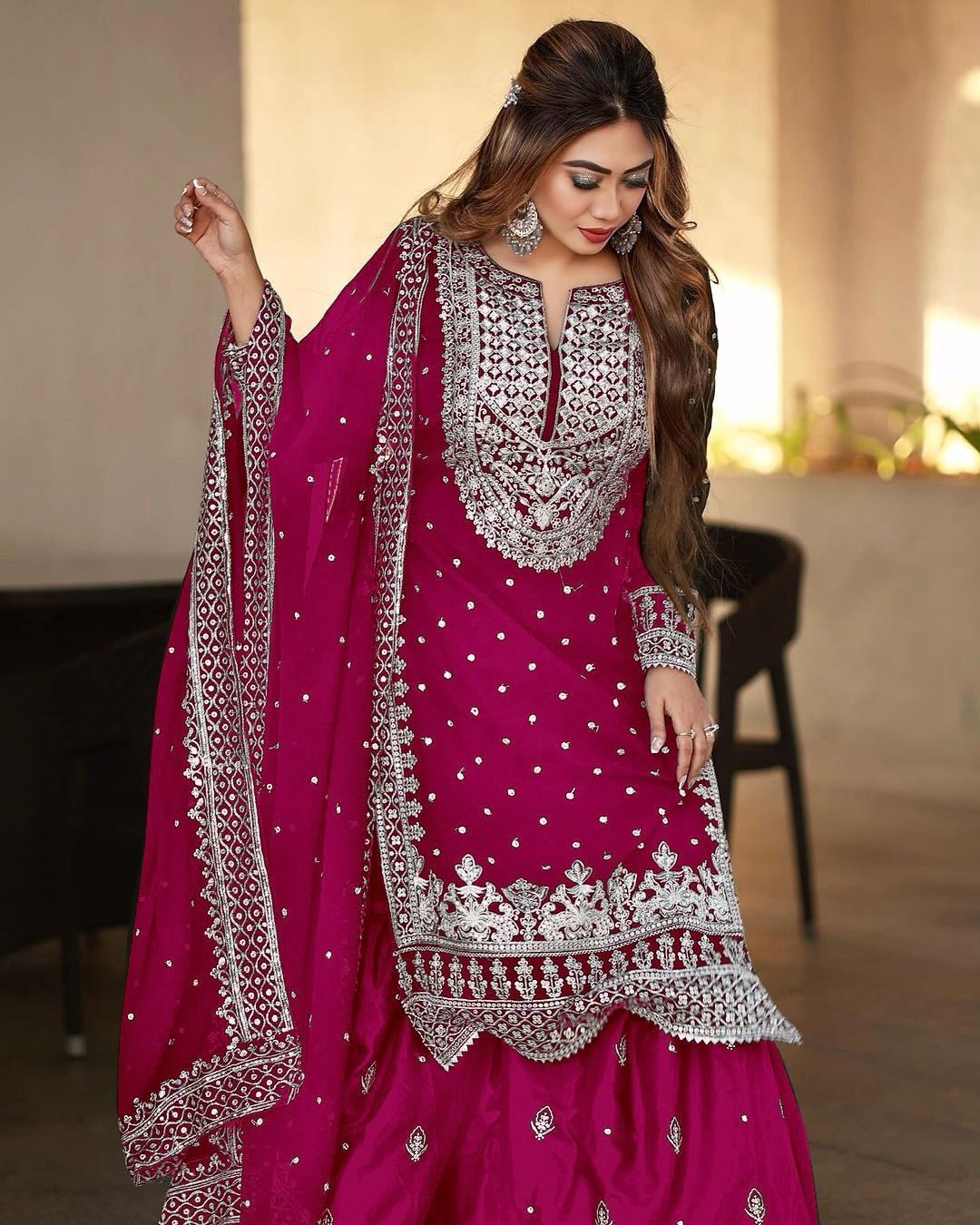 Stylish Pink Color Sharara Suit With Shining Work