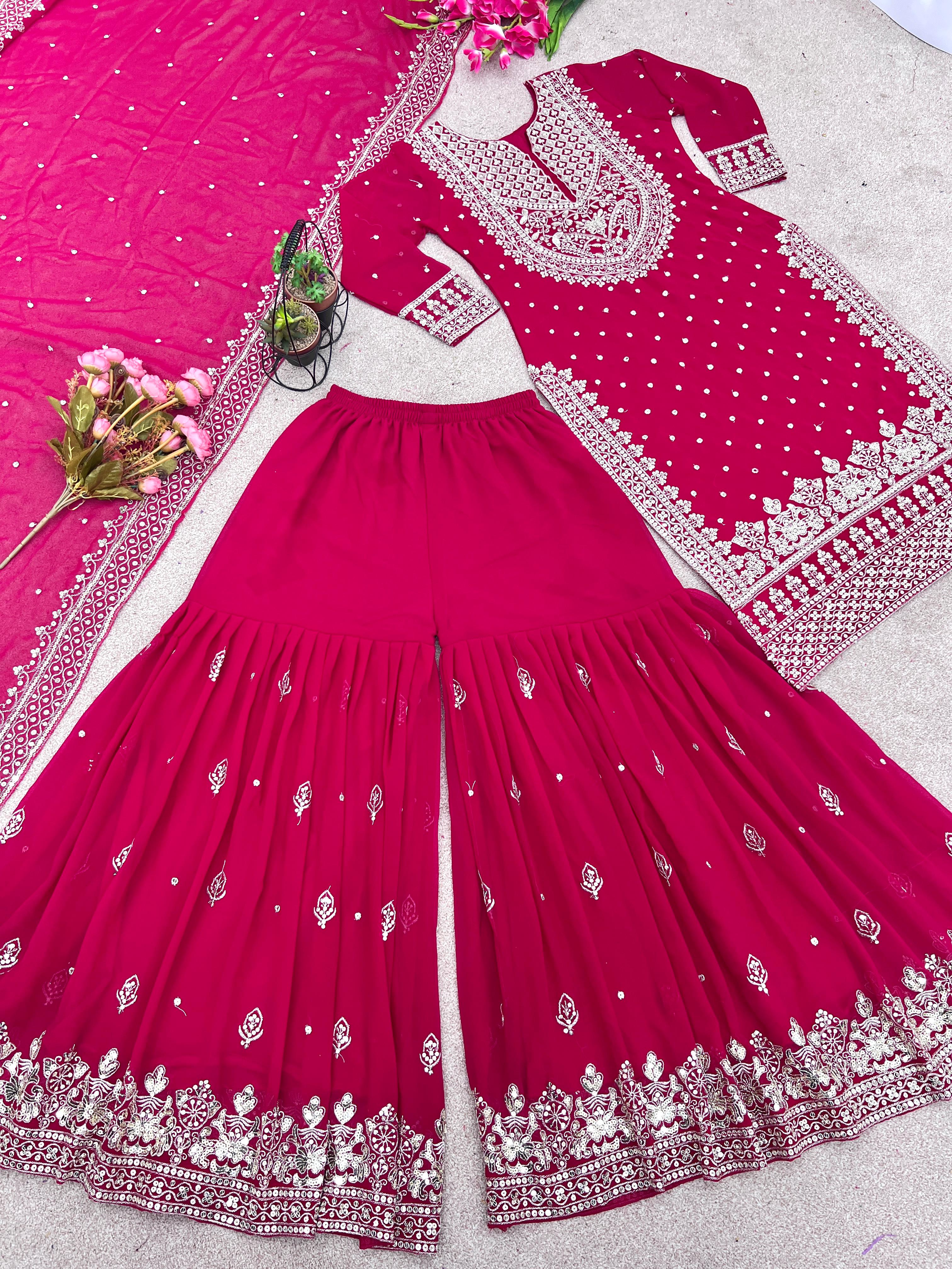 Stylish Pink Color Sharara Suit With Shining Work