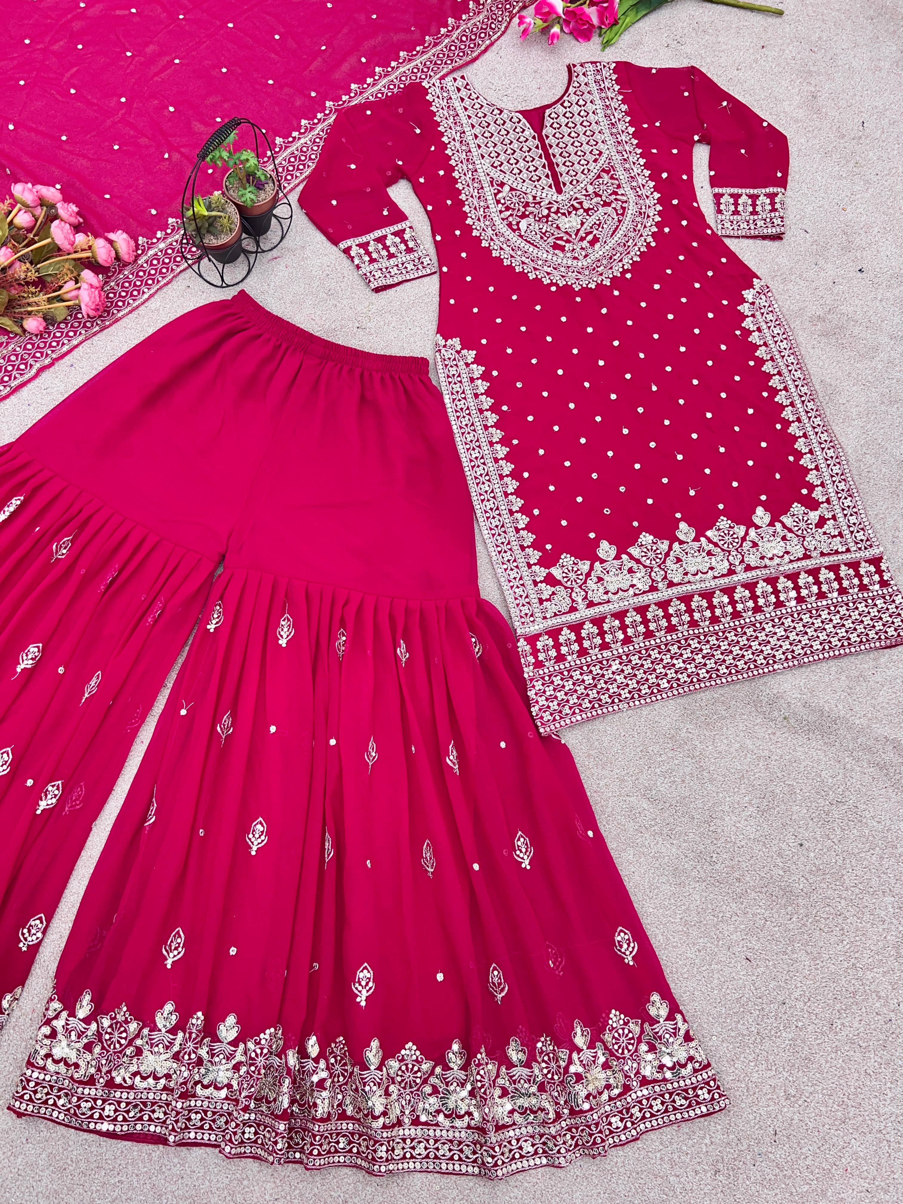 Stylish Pink Color Sharara Suit With Shining Work