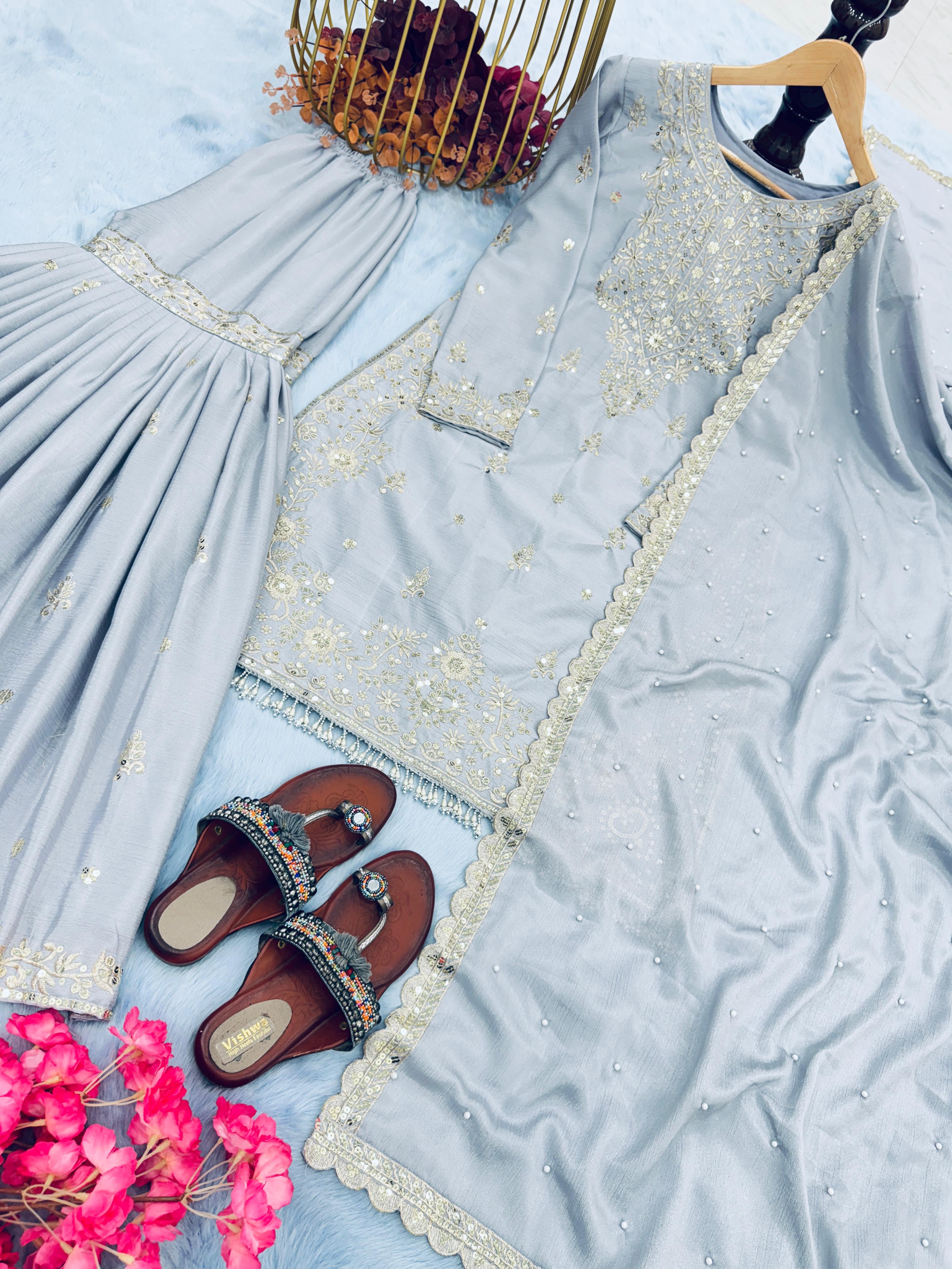 Awesome Light Gray Color Embroidery Work Sharara Suit