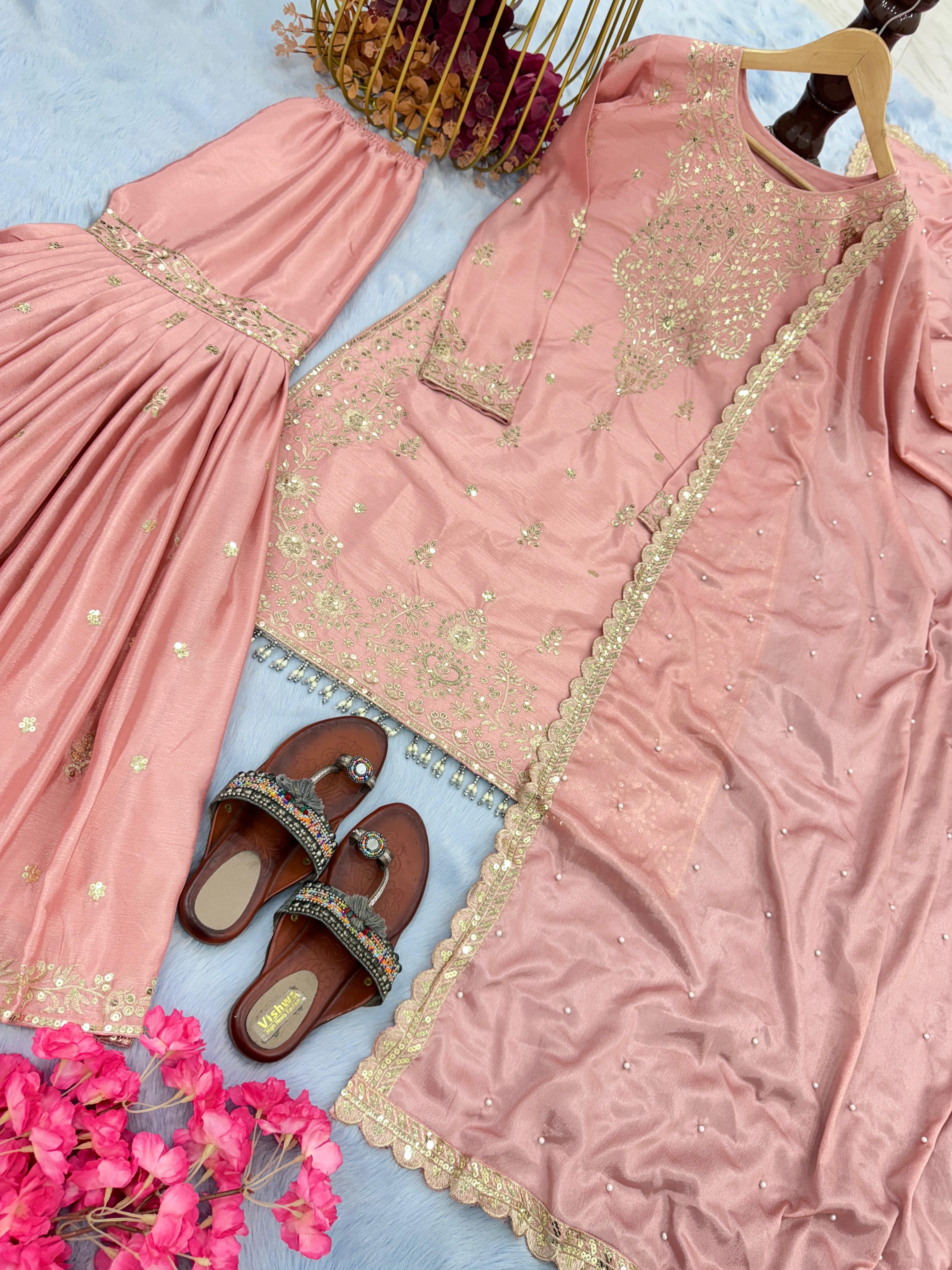 Awesome Peach Color Embroidery Work Sharara Suit