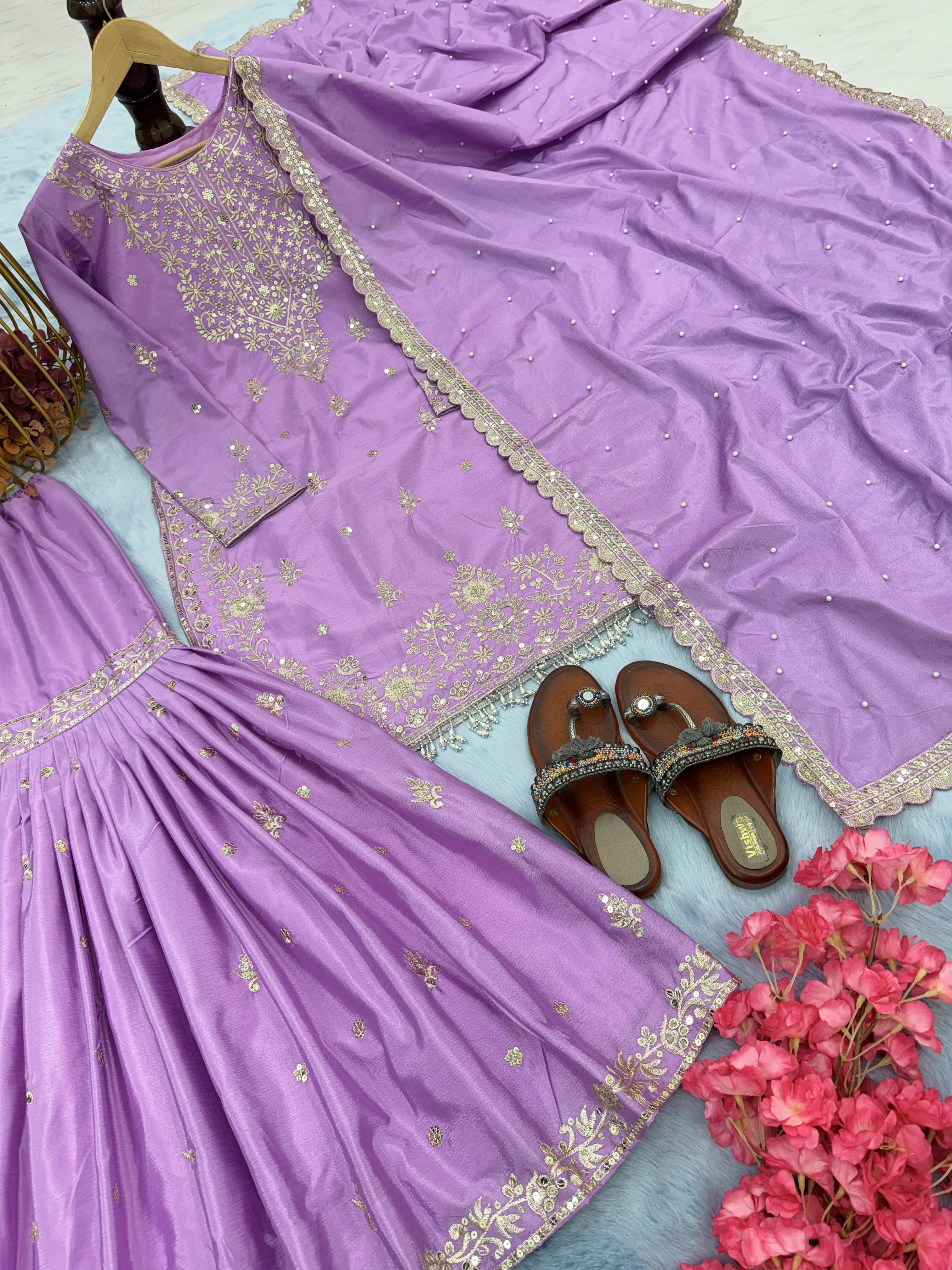 Awesome Lavender Color Embroidery Work Sharara Suit