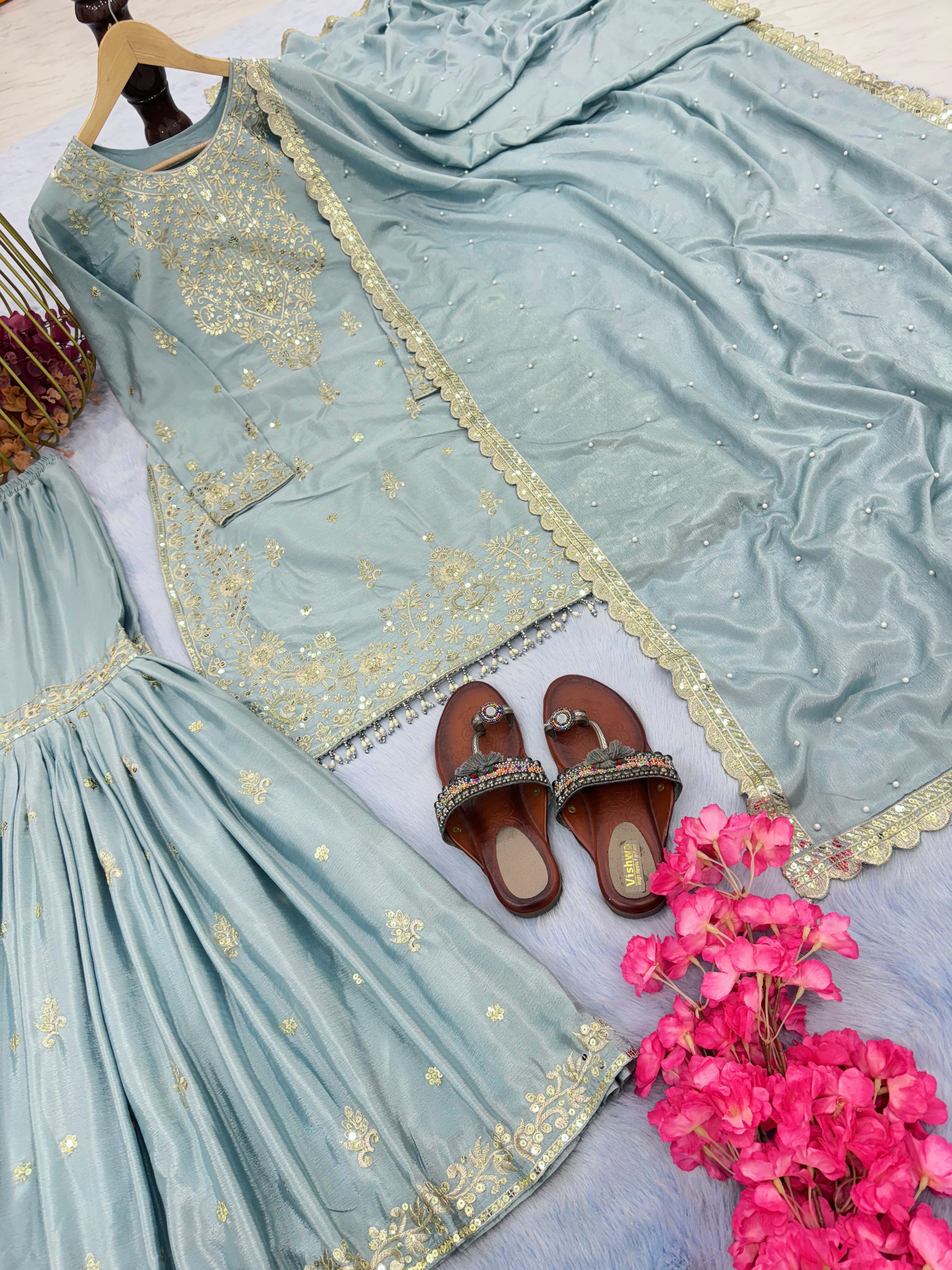 Awesome Dusty Green Color Embroidery Work Sharara Suit