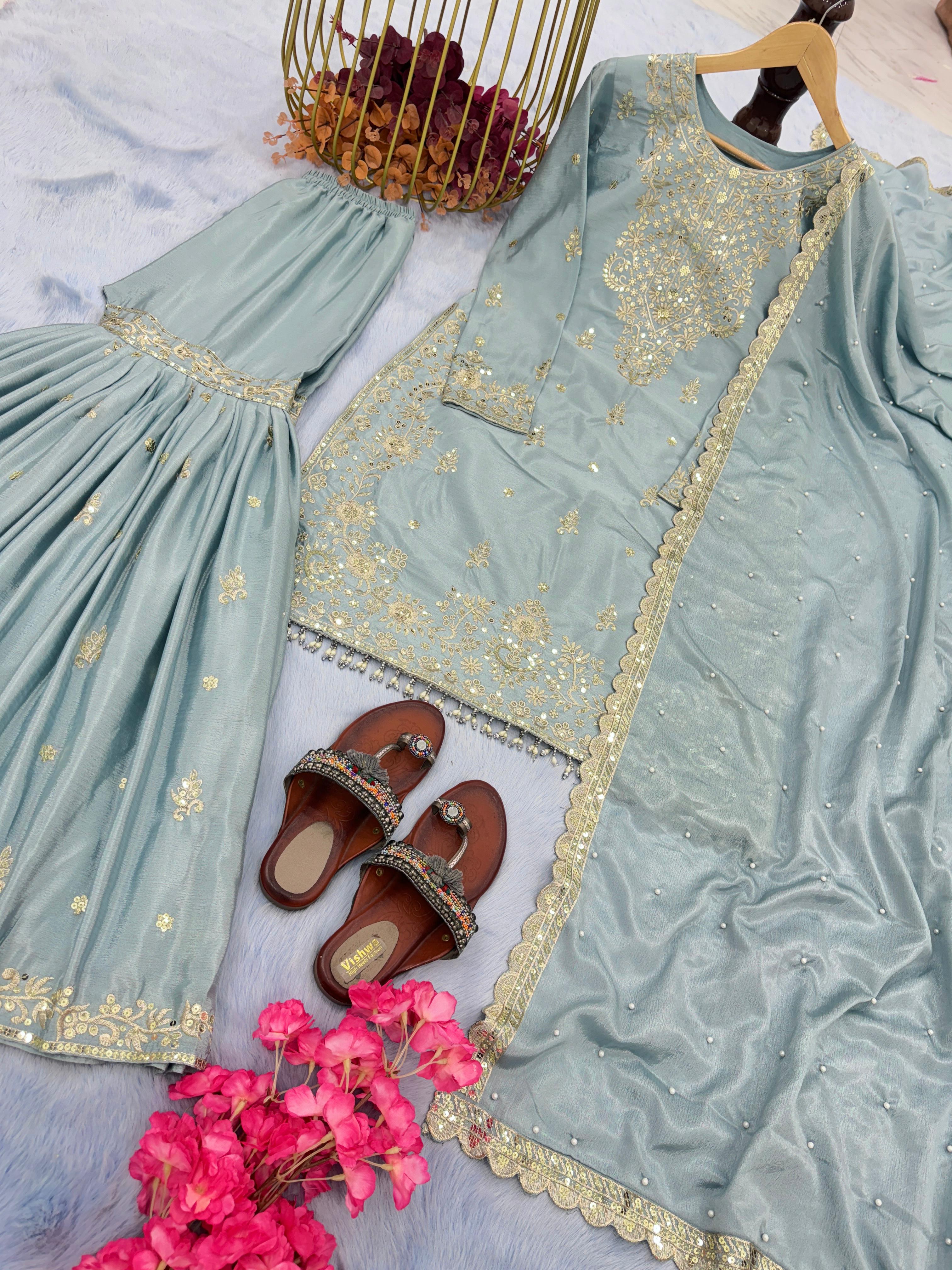 Awesome Dusty Green Color Embroidery Work Sharara Suit