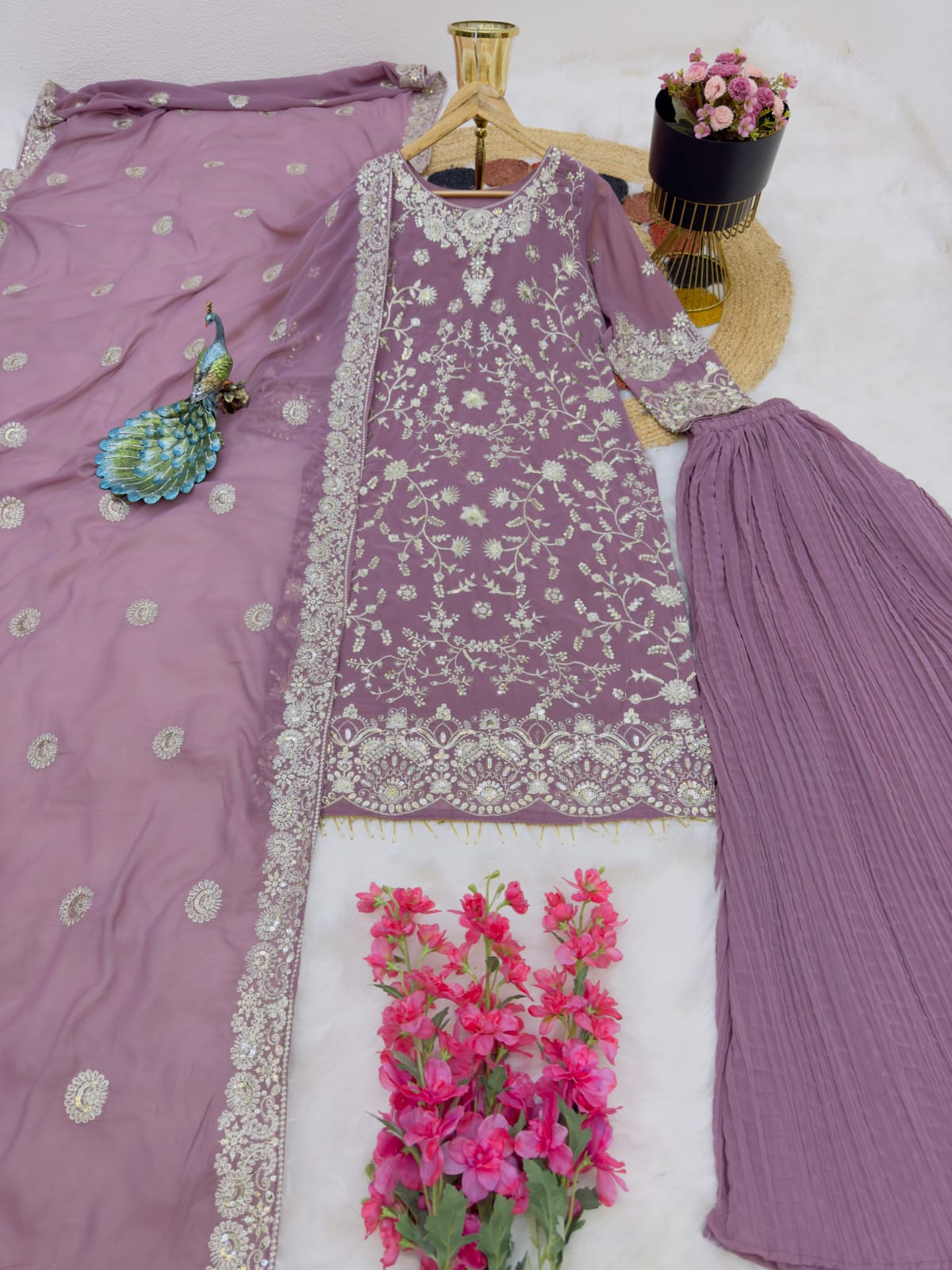 Captivating Dusty Pink Color Embroidered Sharara Suit