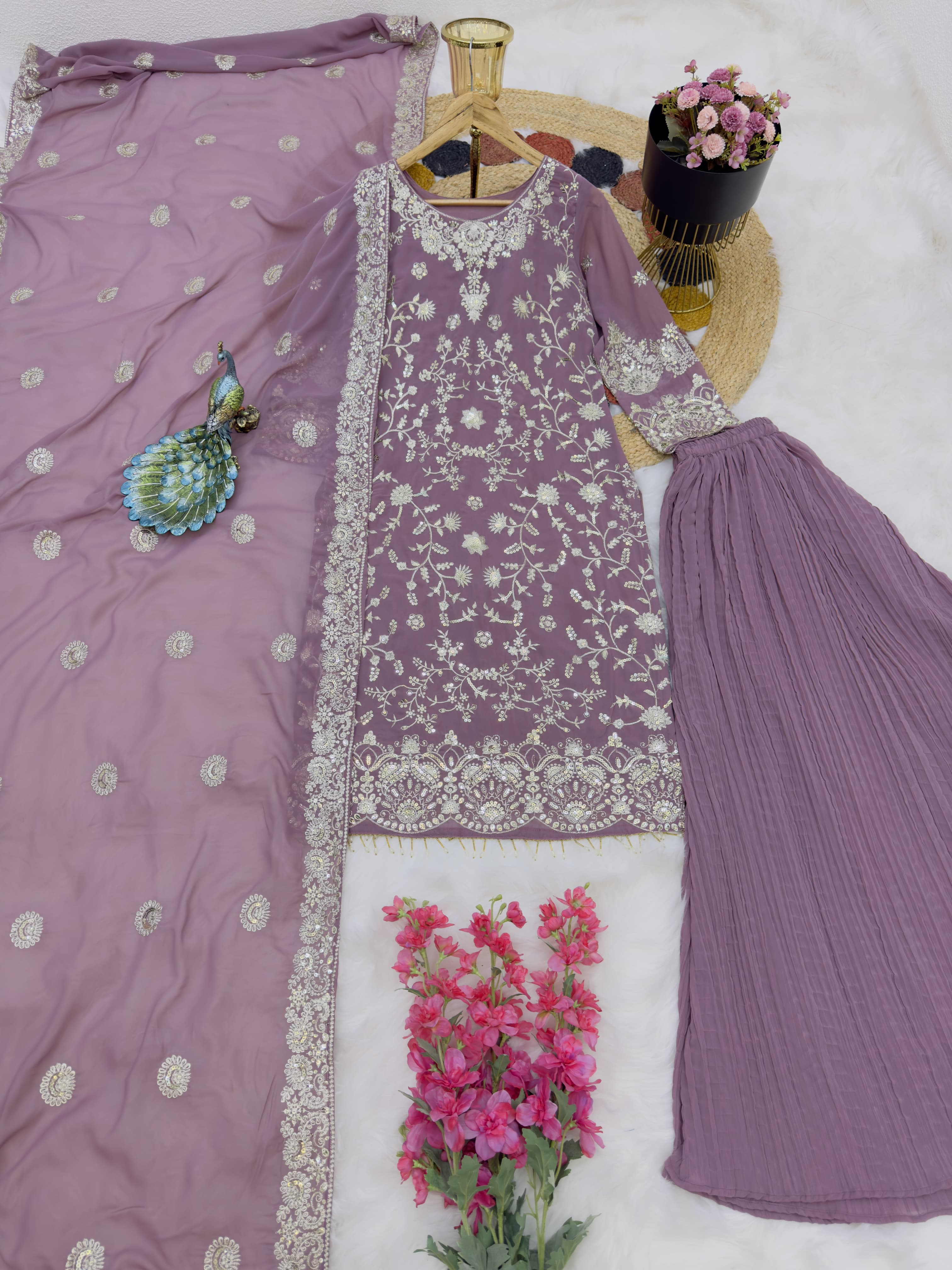 Captivating Dusty Pink Color Embroidered Sharara Suit