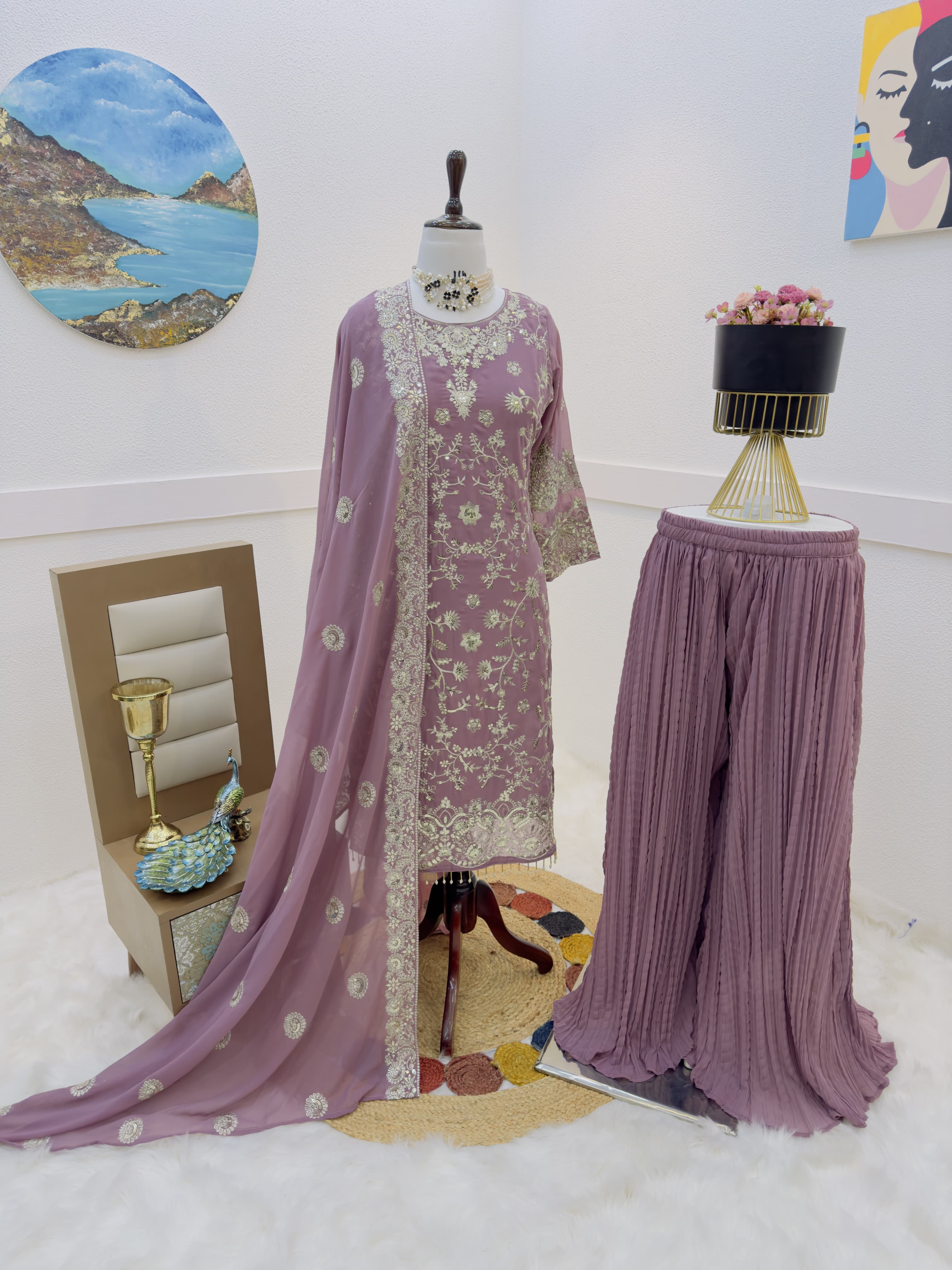 Captivating Dusty Pink Color Embroidered Sharara Suit