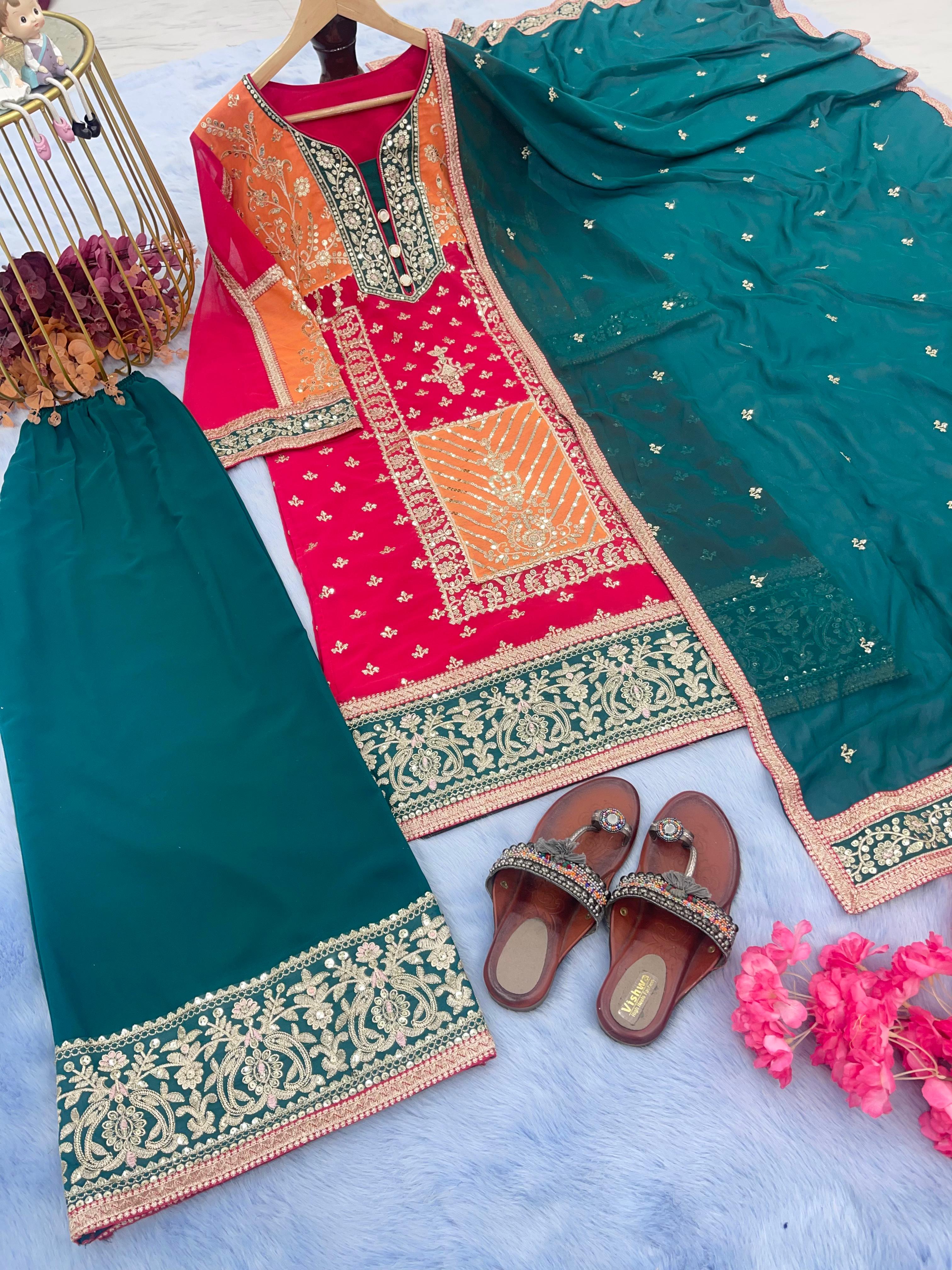 Alluring Teal Blue With Multi Color Palazzo Suit