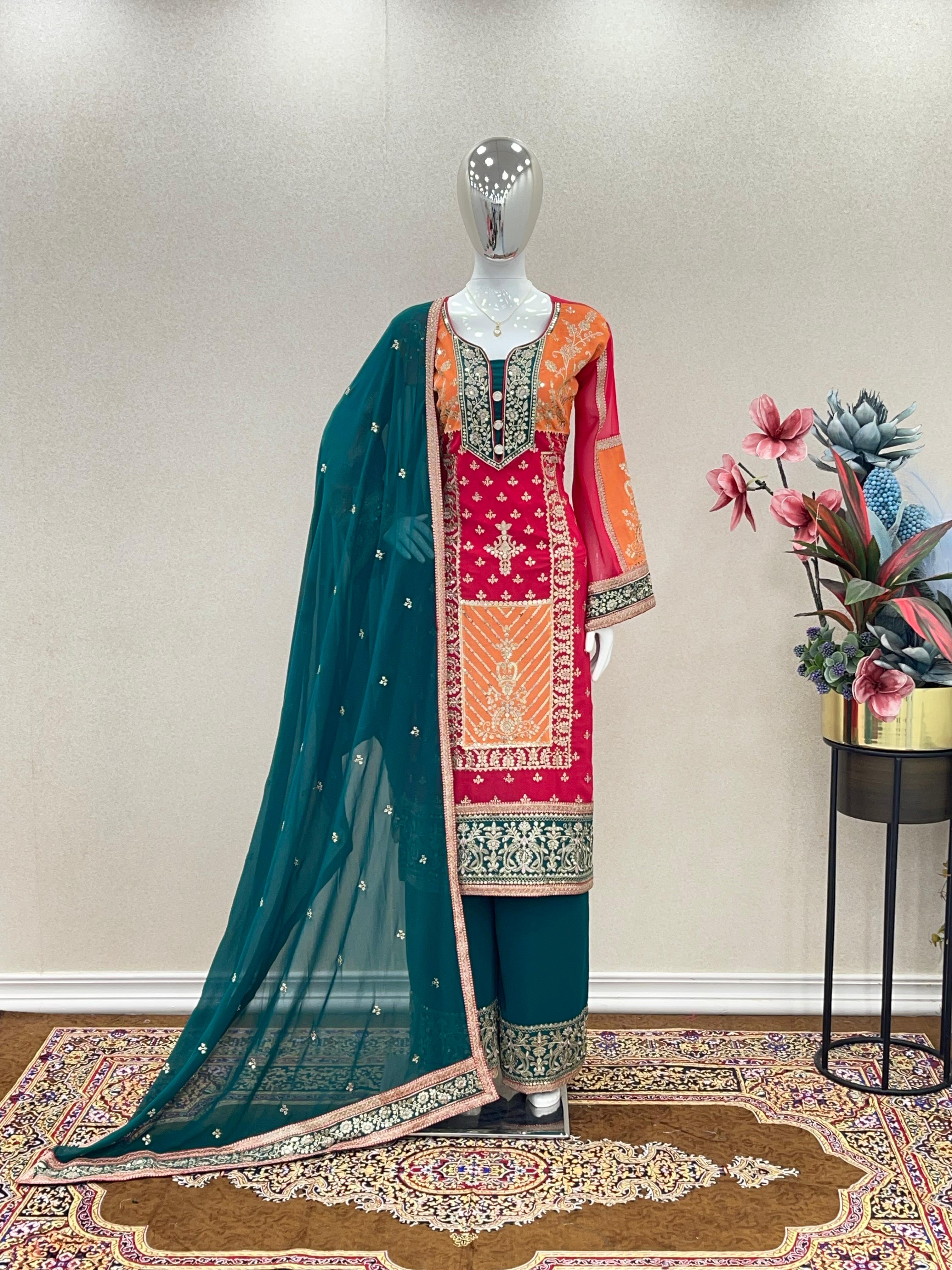 Alluring Teal Blue With Multi Color Palazzo Suit