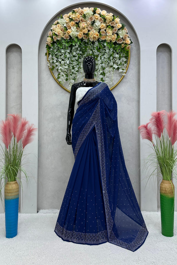 Party Wear Glimmering Work Blue Color Saree