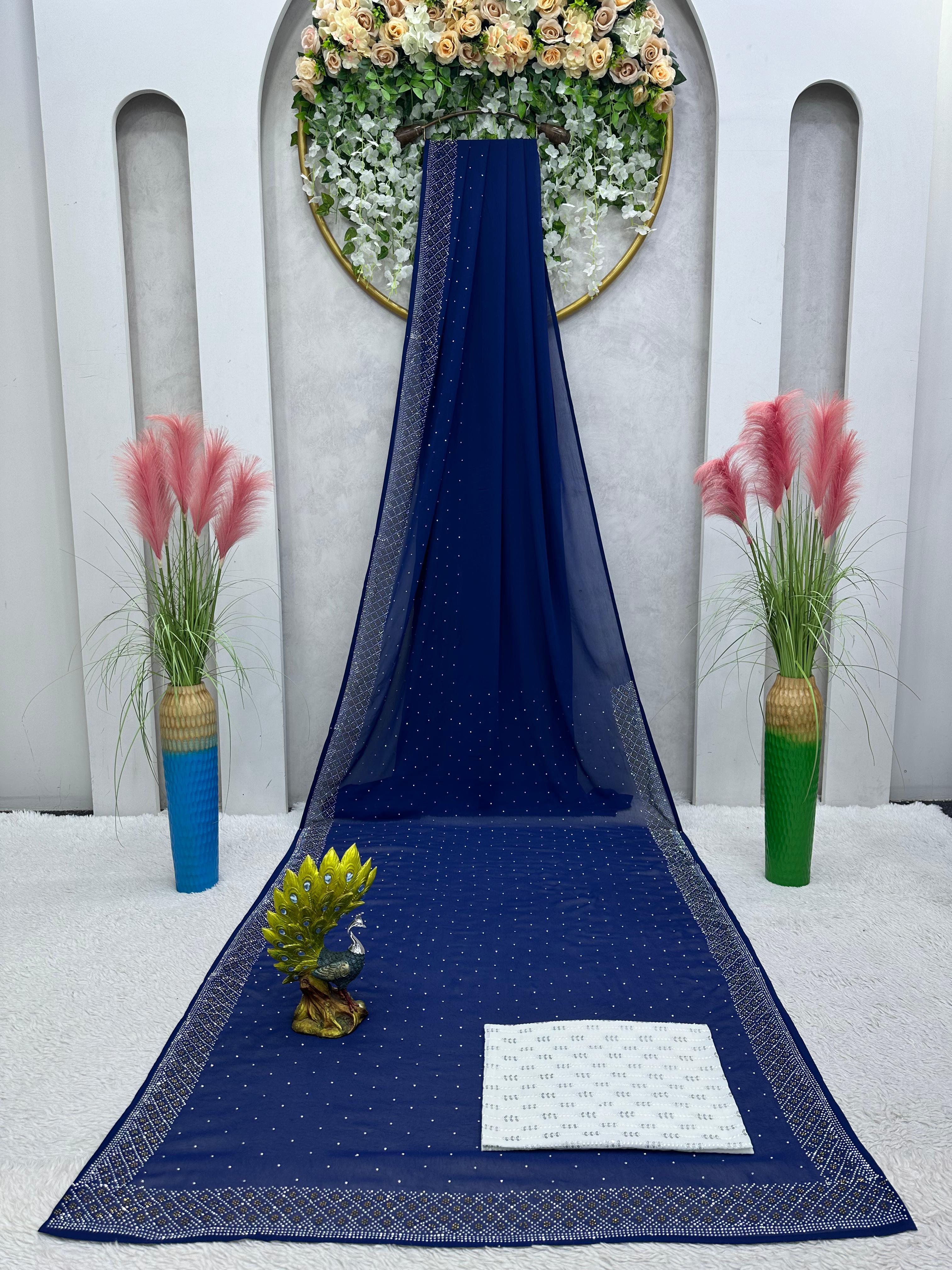 Party Wear Glimmering Work Blue Color Saree