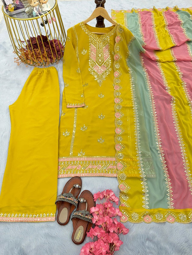 Exclusive Yellow Color Palazzo Suit With Multi Work Dupatta