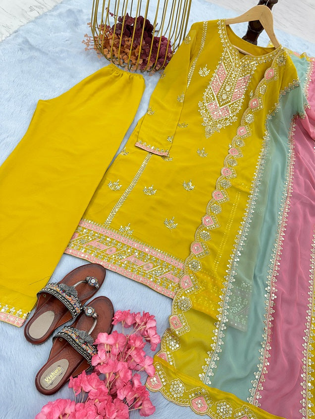 Exclusive Yellow Color Palazzo Suit With Multi Work Dupatta