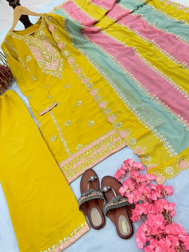 Exclusive Yellow Color Palazzo Suit With Multi Work Dupatta