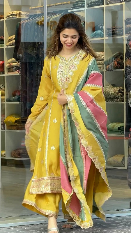 Exclusive Yellow Color Palazzo Suit With Multi Work Dupatta