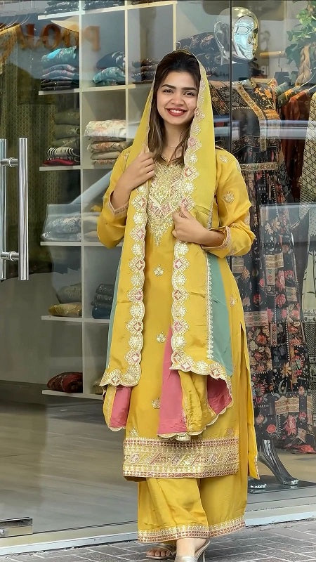 Exclusive Yellow Color Palazzo Suit With Multi Work Dupatta