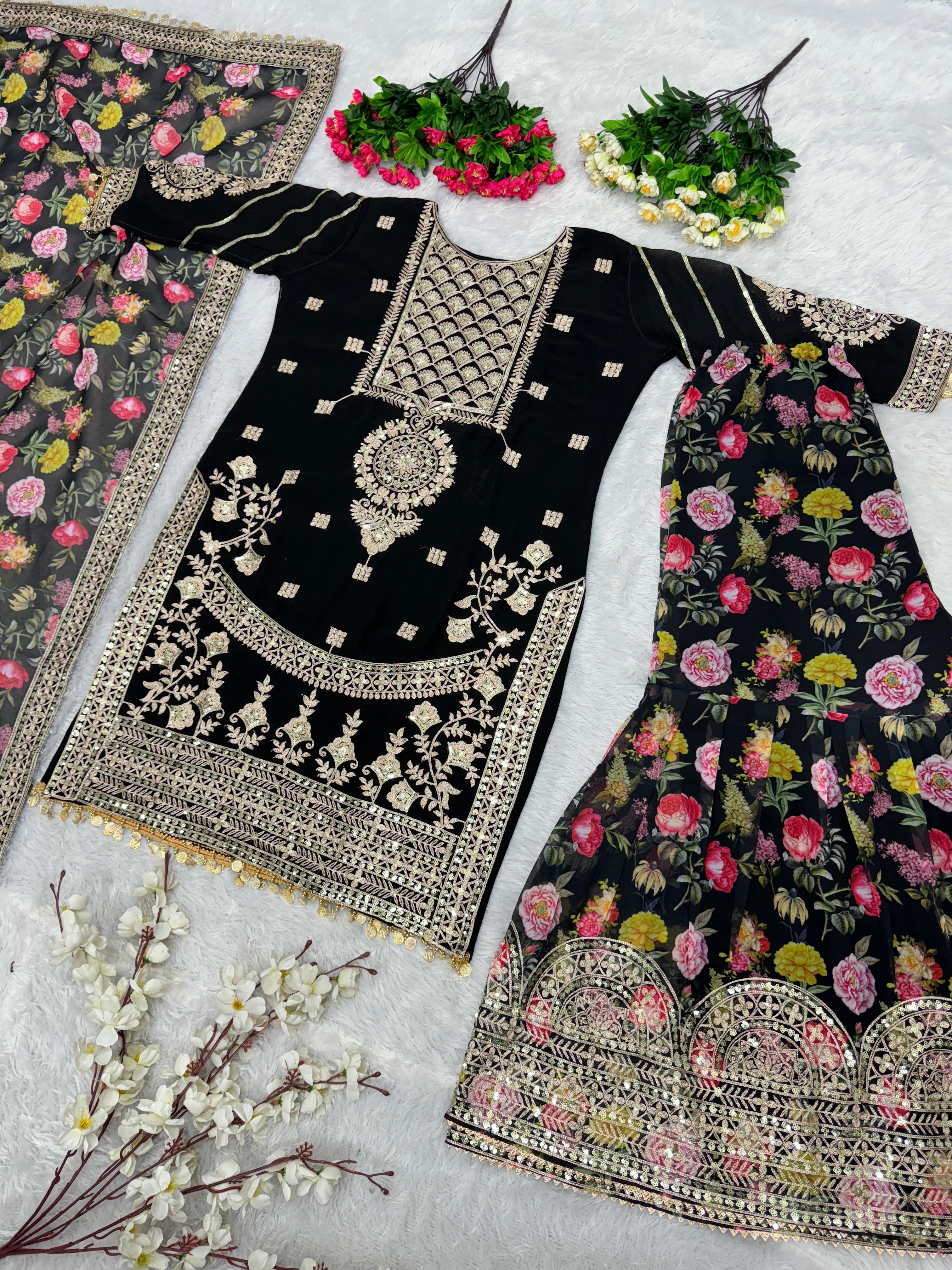 Decent Chine Sequence Work Black Color Sharara Suit