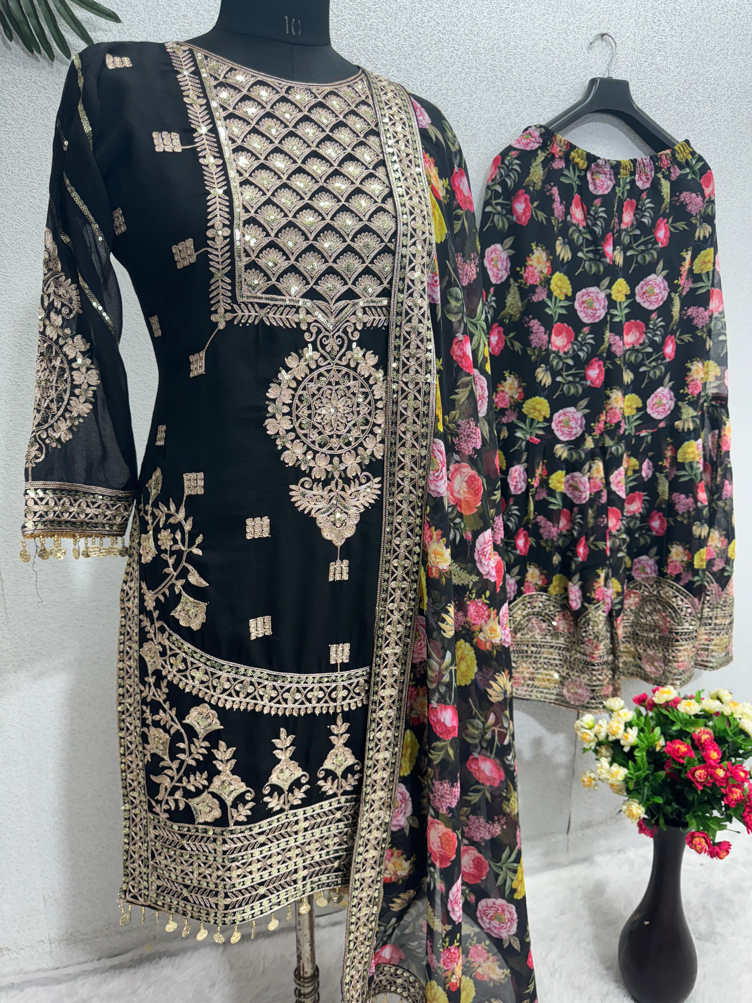 Decent Chine Sequence Work Black Color Sharara Suit