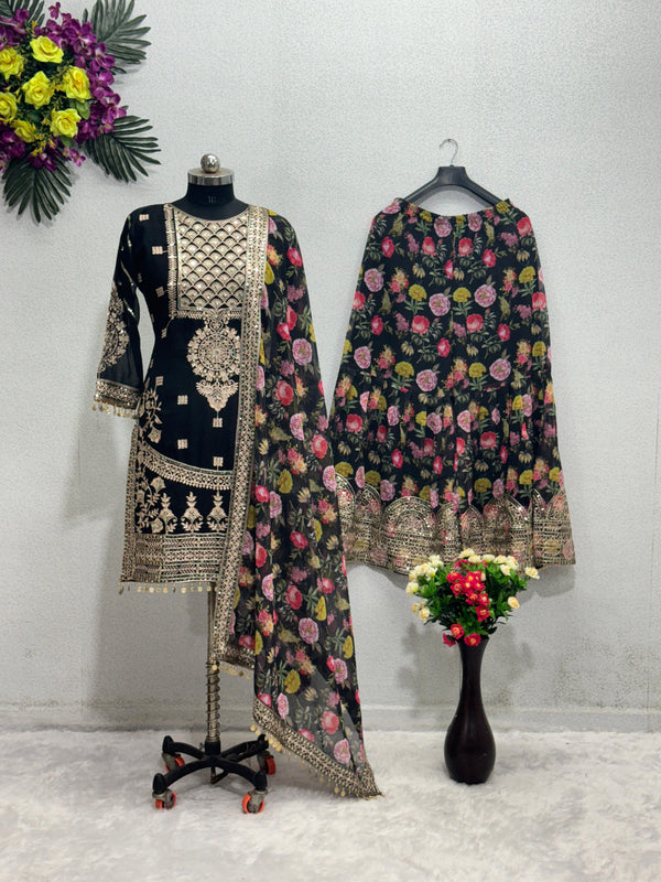 Decent Chine Sequence Work Black Color Sharara Suit